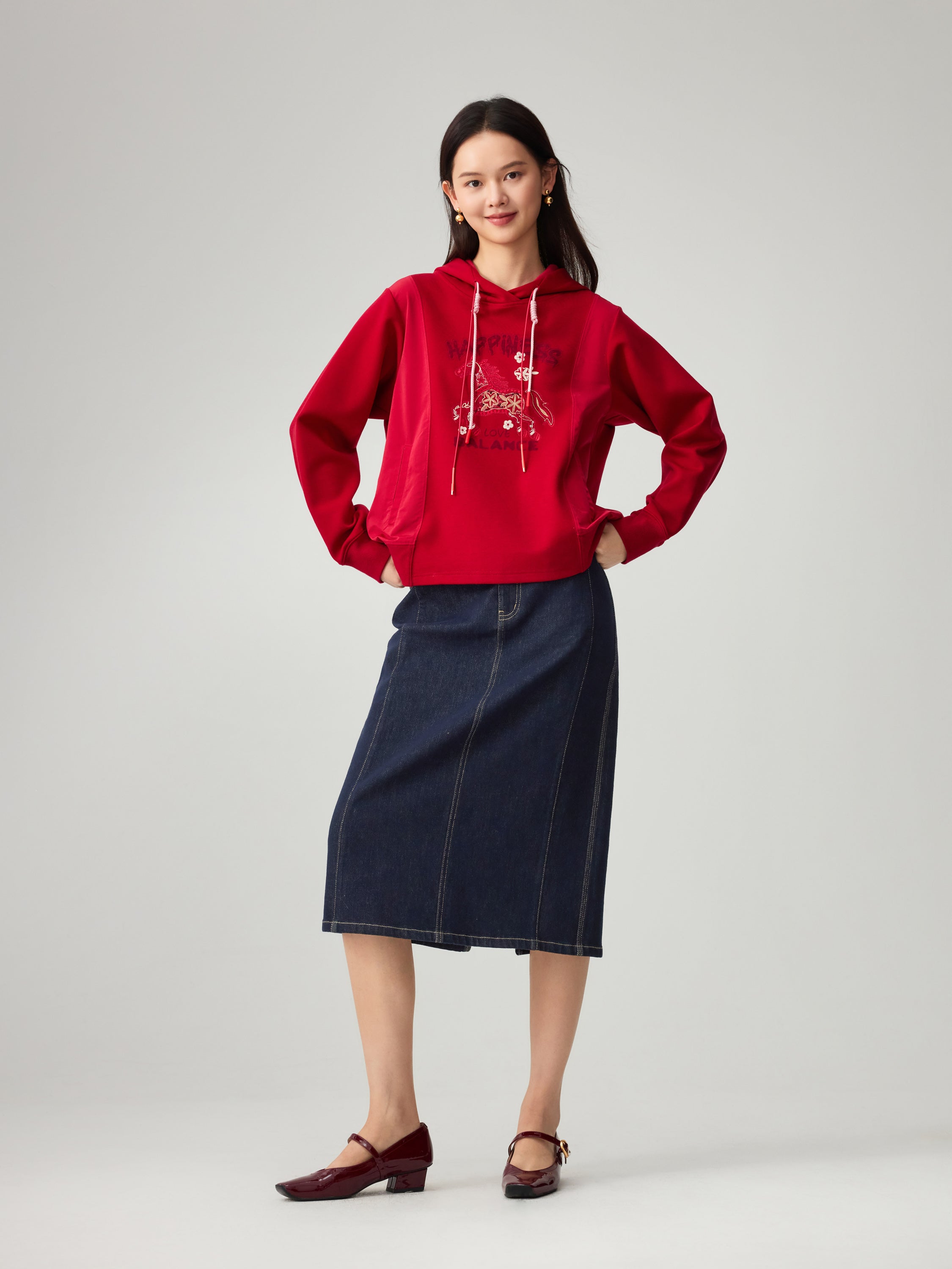 EP YAYING Craft Embroidered Zodiac Horse Hooded Sweatshirt