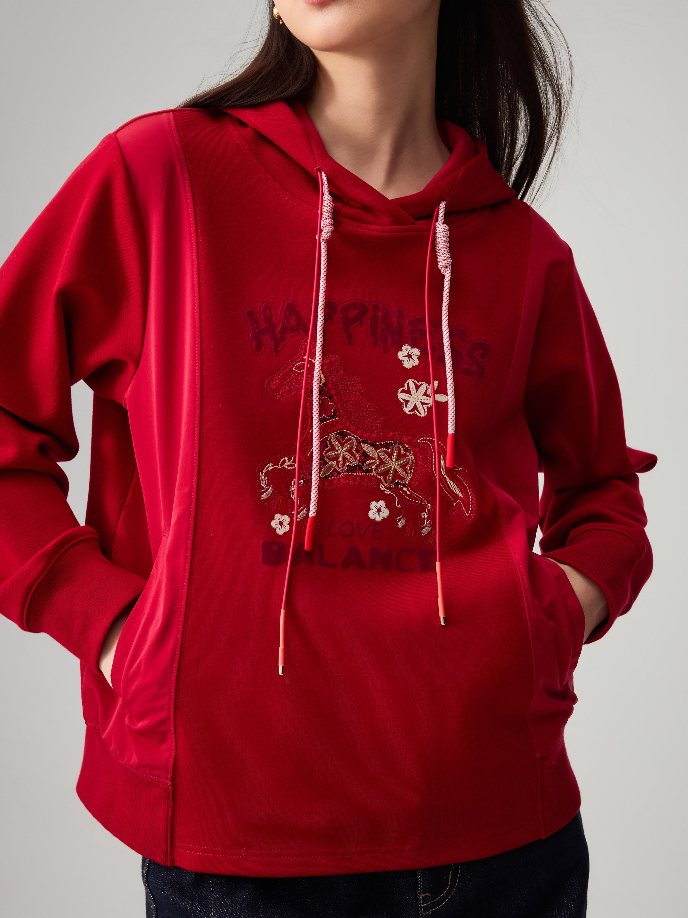EP YAYING Craft Embroidered Zodiac Horse Hooded Sweatshirt