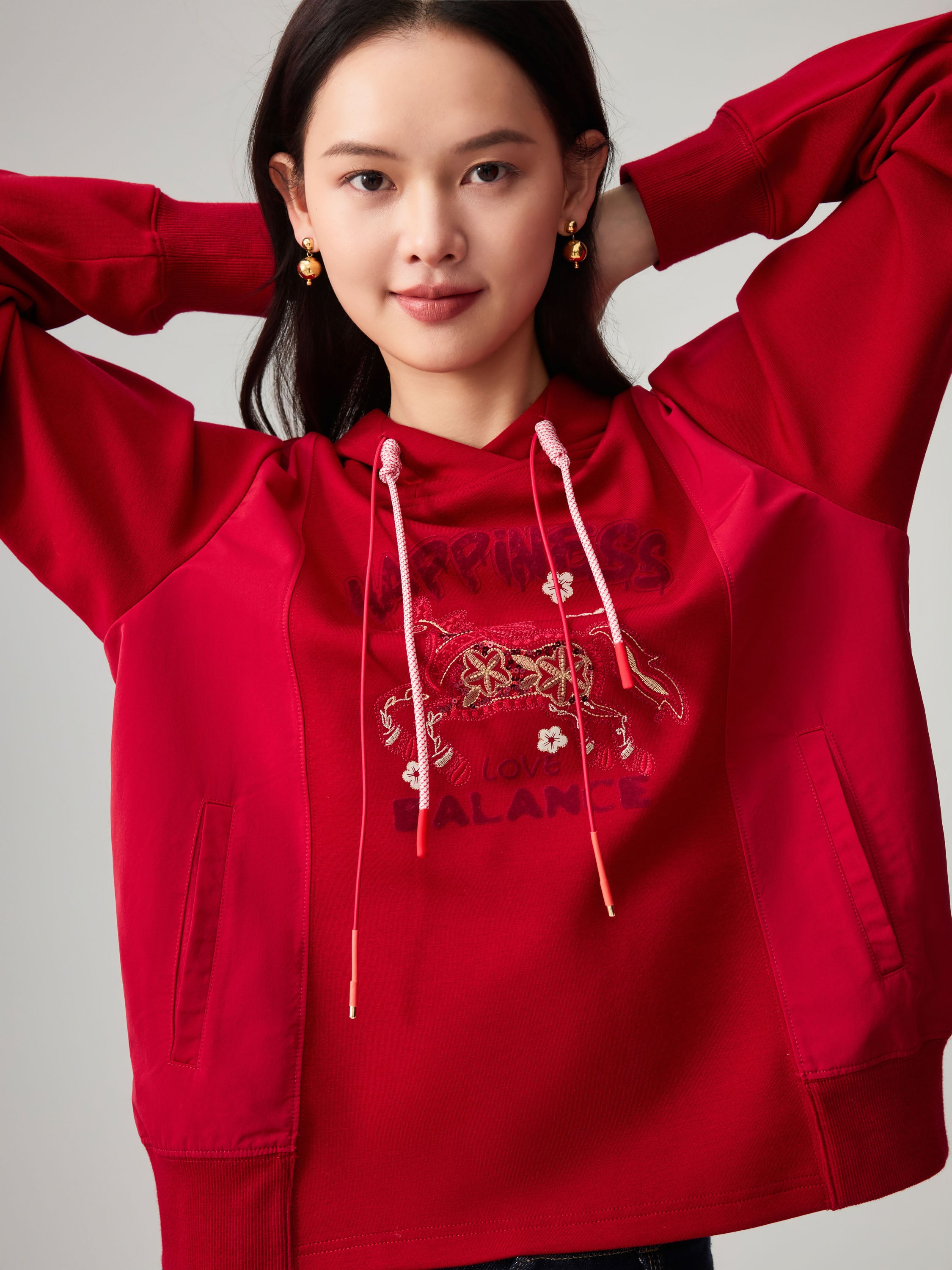 EP YAYING Craft Embroidered Zodiac Horse Hooded Sweatshirt