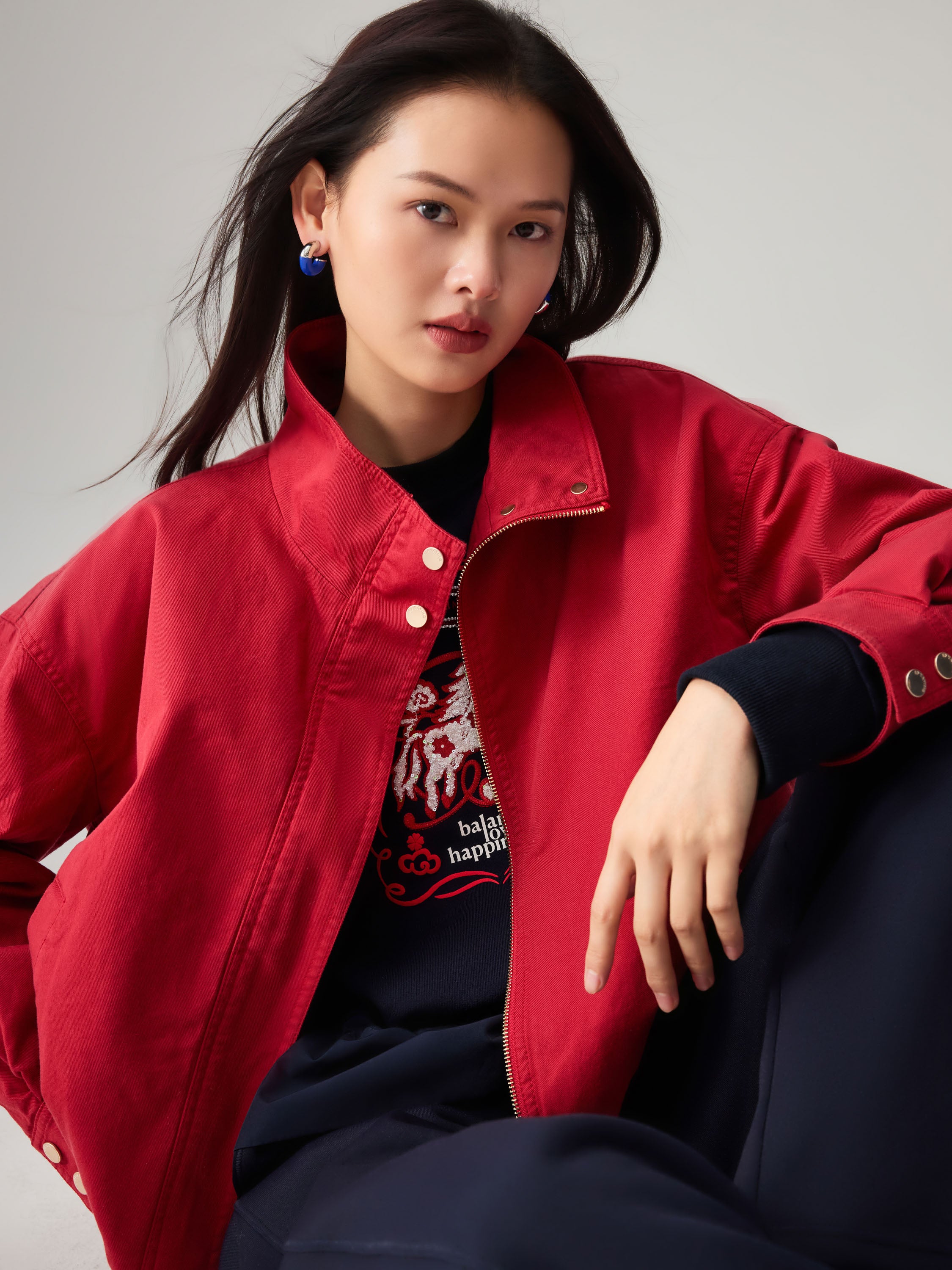 EP YAYING Simple Print Crewneck Drawstring-Waist Sweatshirt