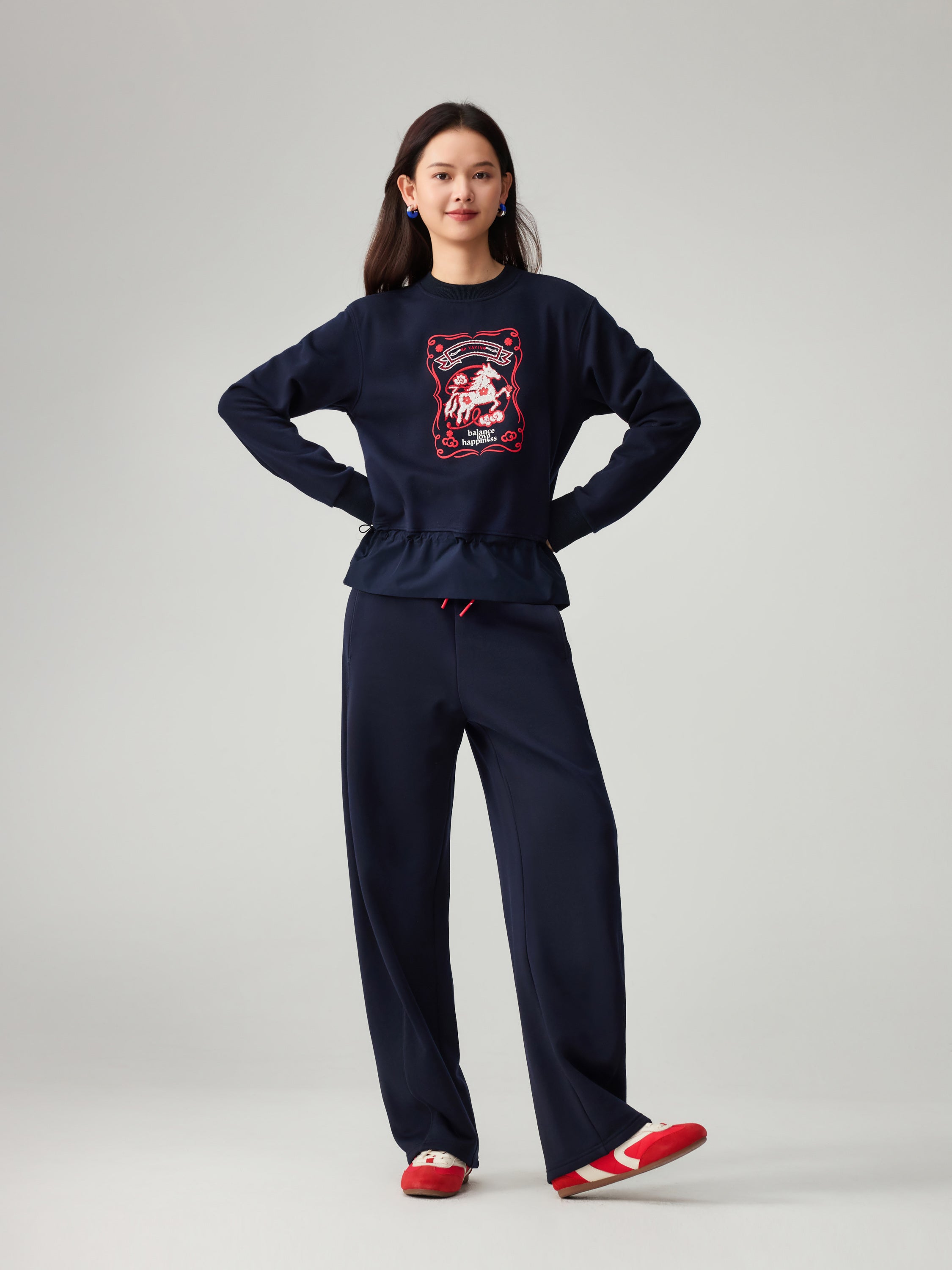 EP YAYING Simple Print Crewneck Drawstring-Waist Sweatshirt