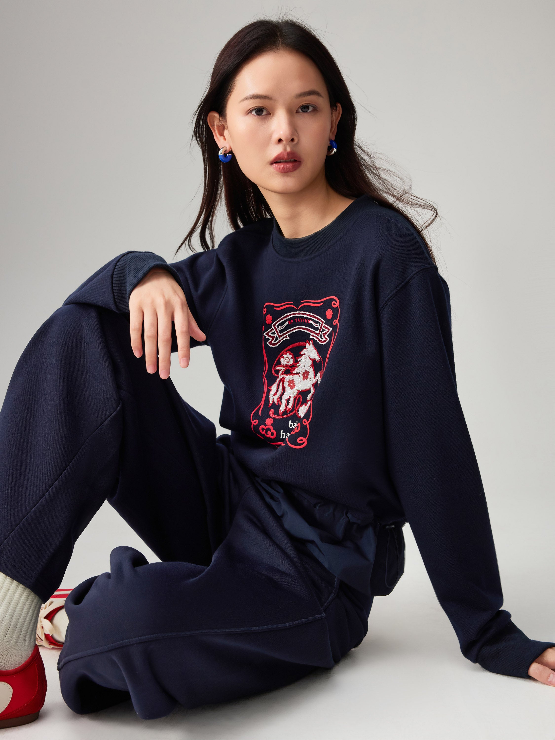 EP YAYING Simple Print Crewneck Drawstring-Waist Sweatshirt