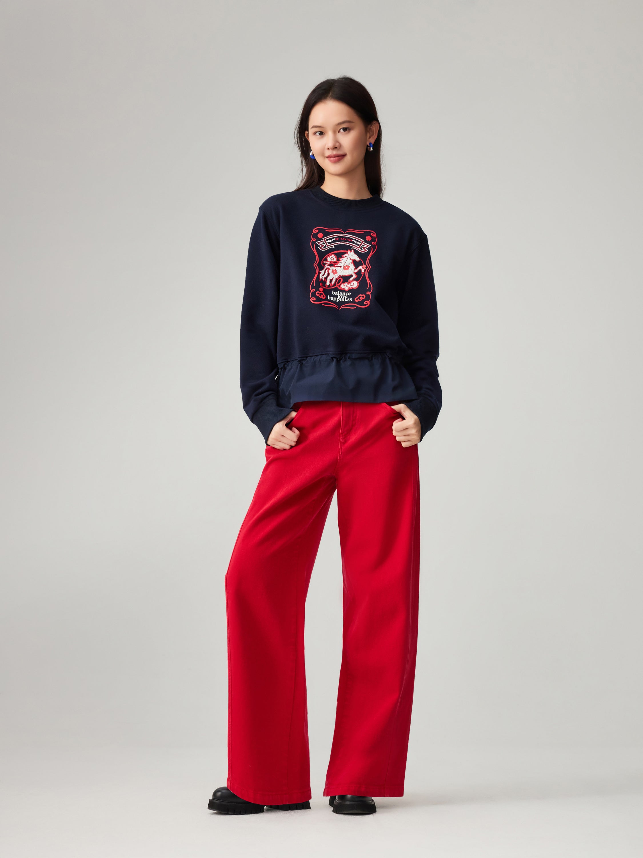 EP YAYING Simple Print Crewneck Drawstring-Waist Sweatshirt