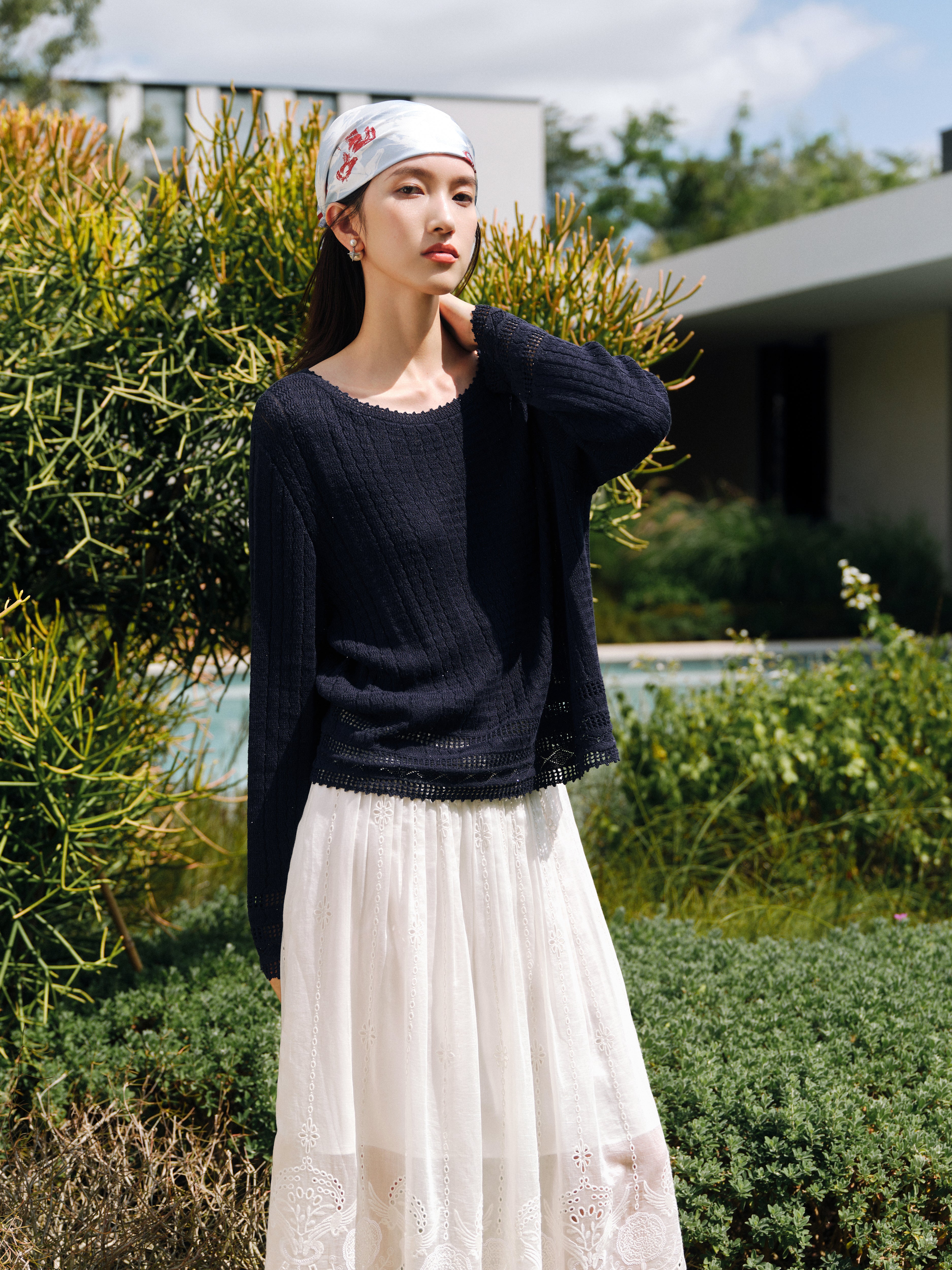 EP YAYING Silk Linen Blend Knit Top