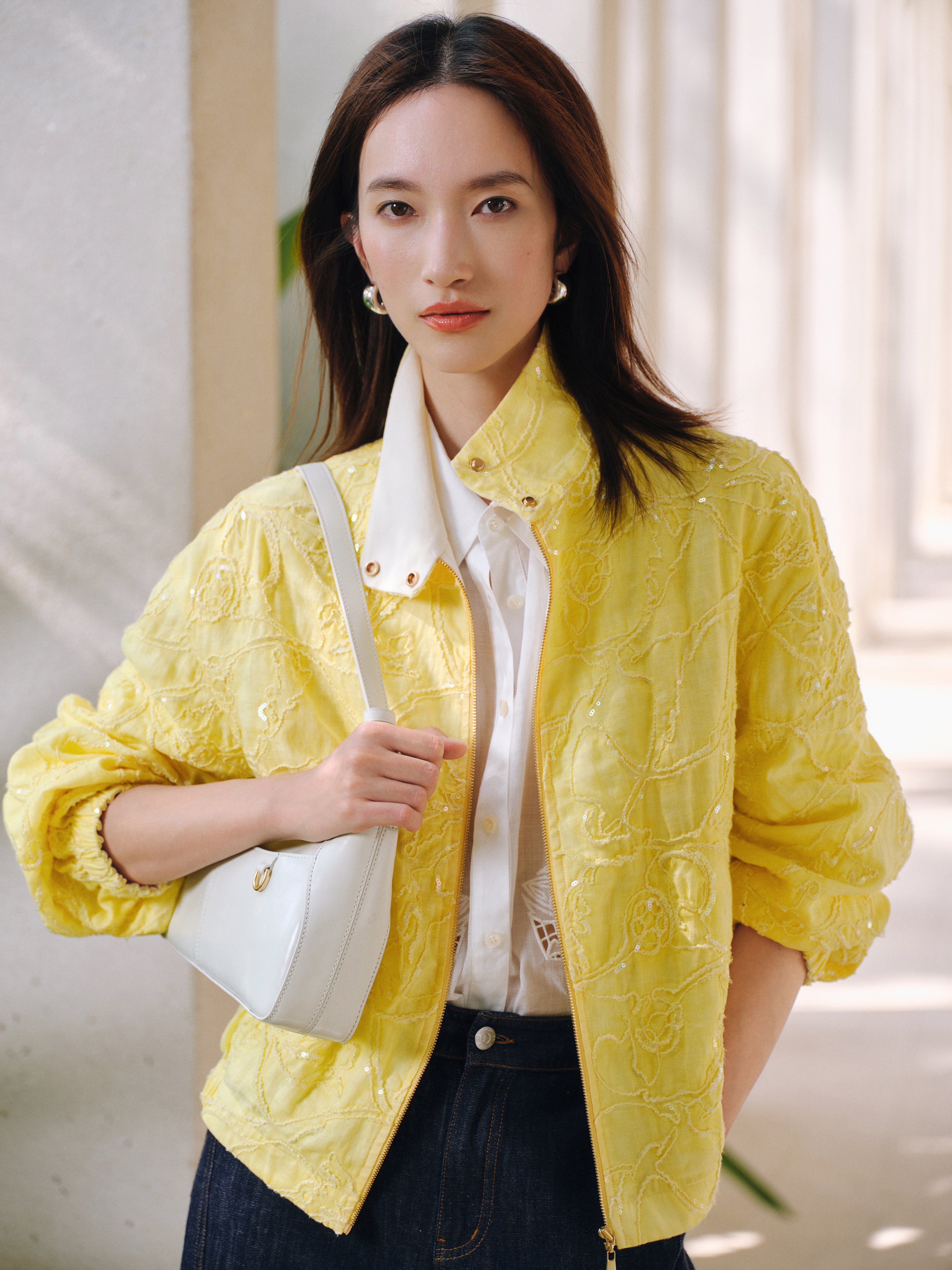 EP YAYING Linen Cropped Stand-Collar Jacket