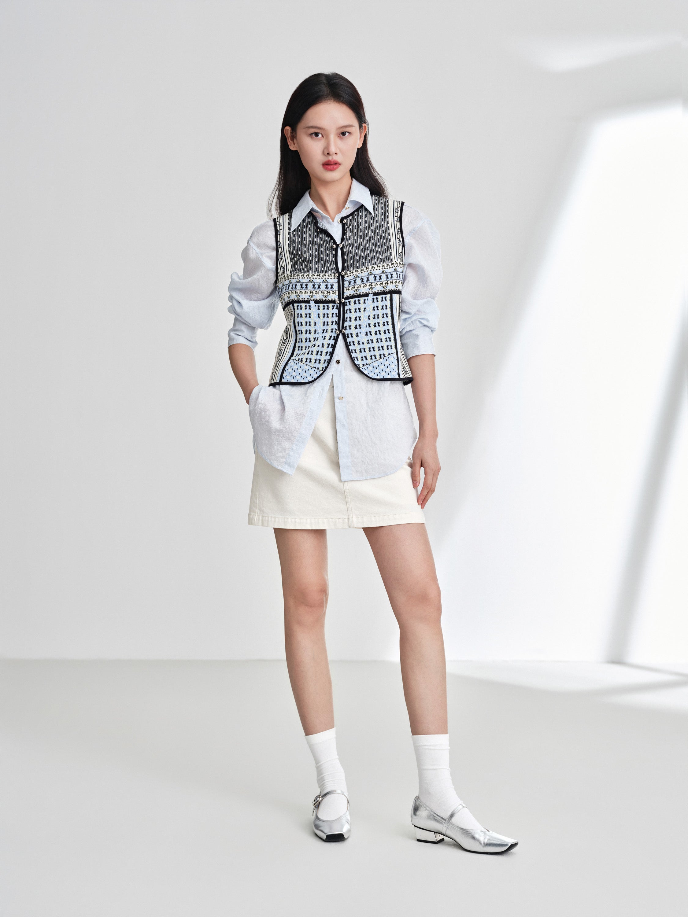 EP YAYING Cotton Silk Textured Sleeveless Waist-Cinching Vest