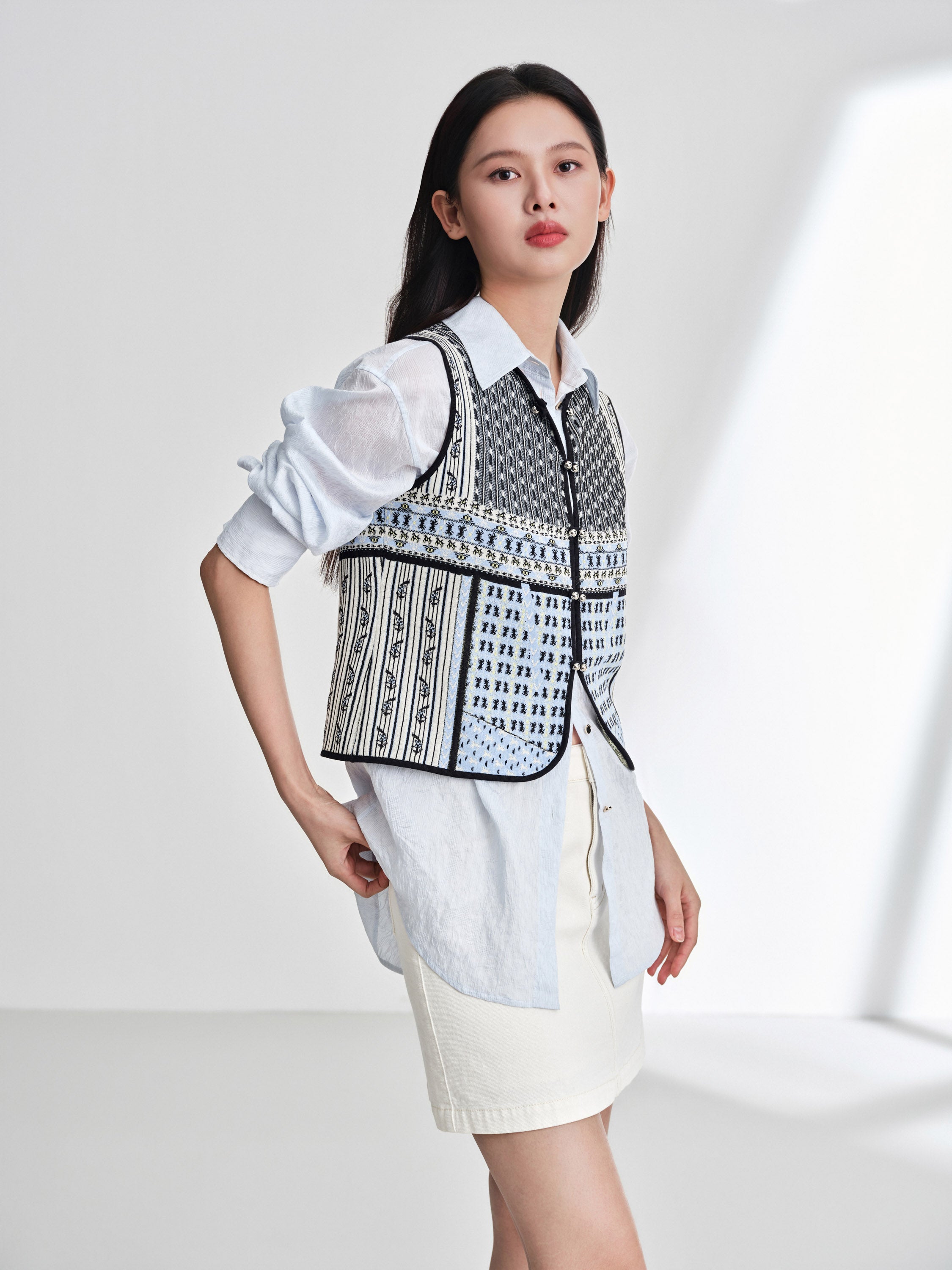 EP YAYING Cotton Silk Textured Sleeveless Waist-Cinching Vest