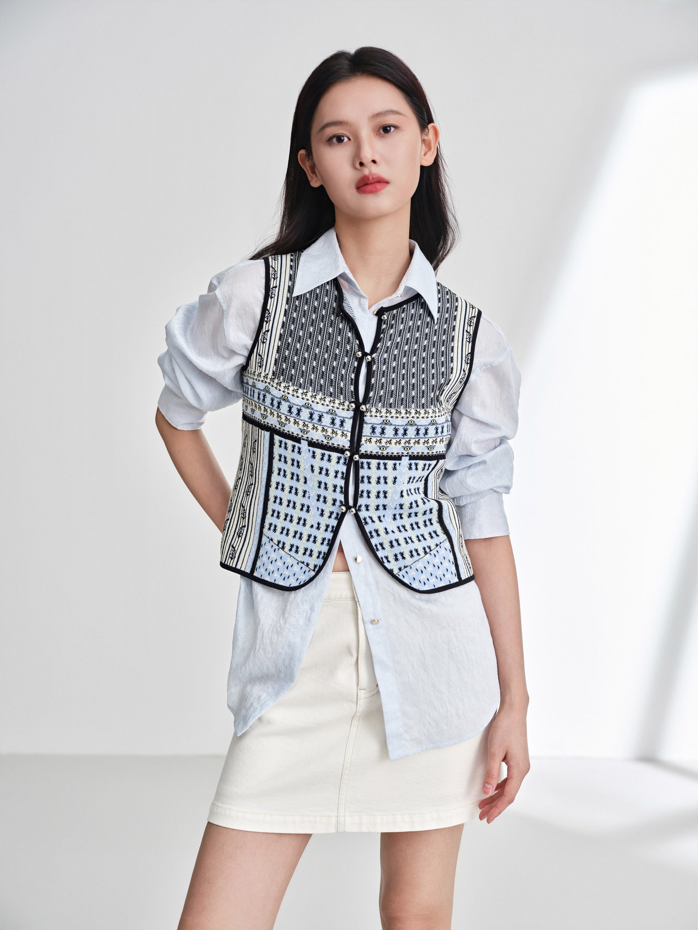 EP YAYING Cotton Silk Textured Sleeveless Waist-Cinching Vest