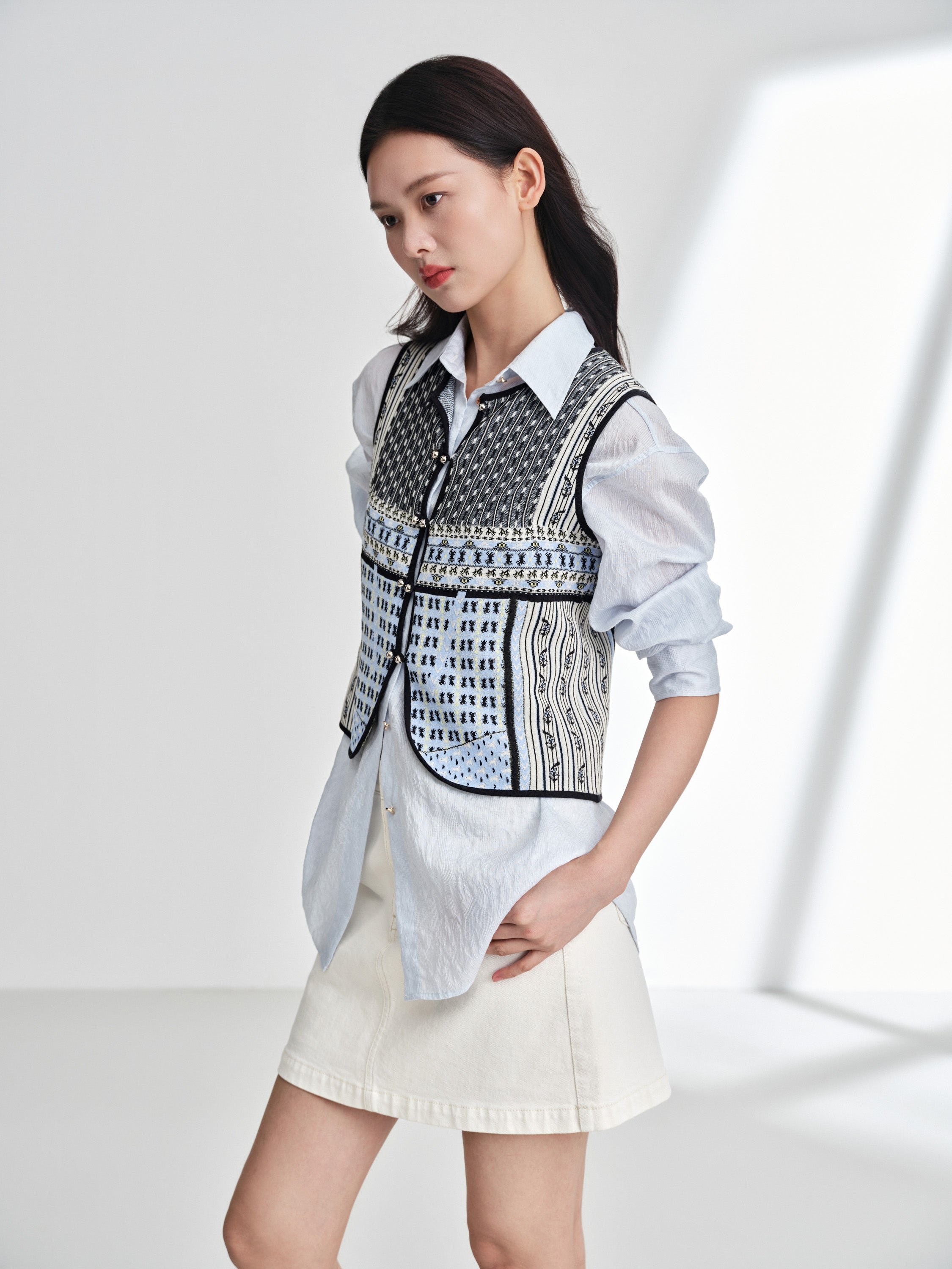 EP YAYING Cotton Silk Textured Sleeveless Waist-Cinching Vest