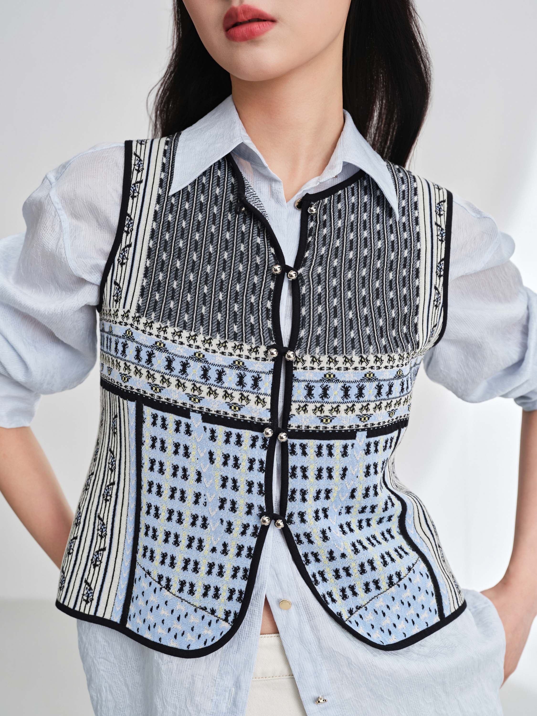 EP YAYING Cotton Silk Textured Sleeveless Waist-Cinching Vest
