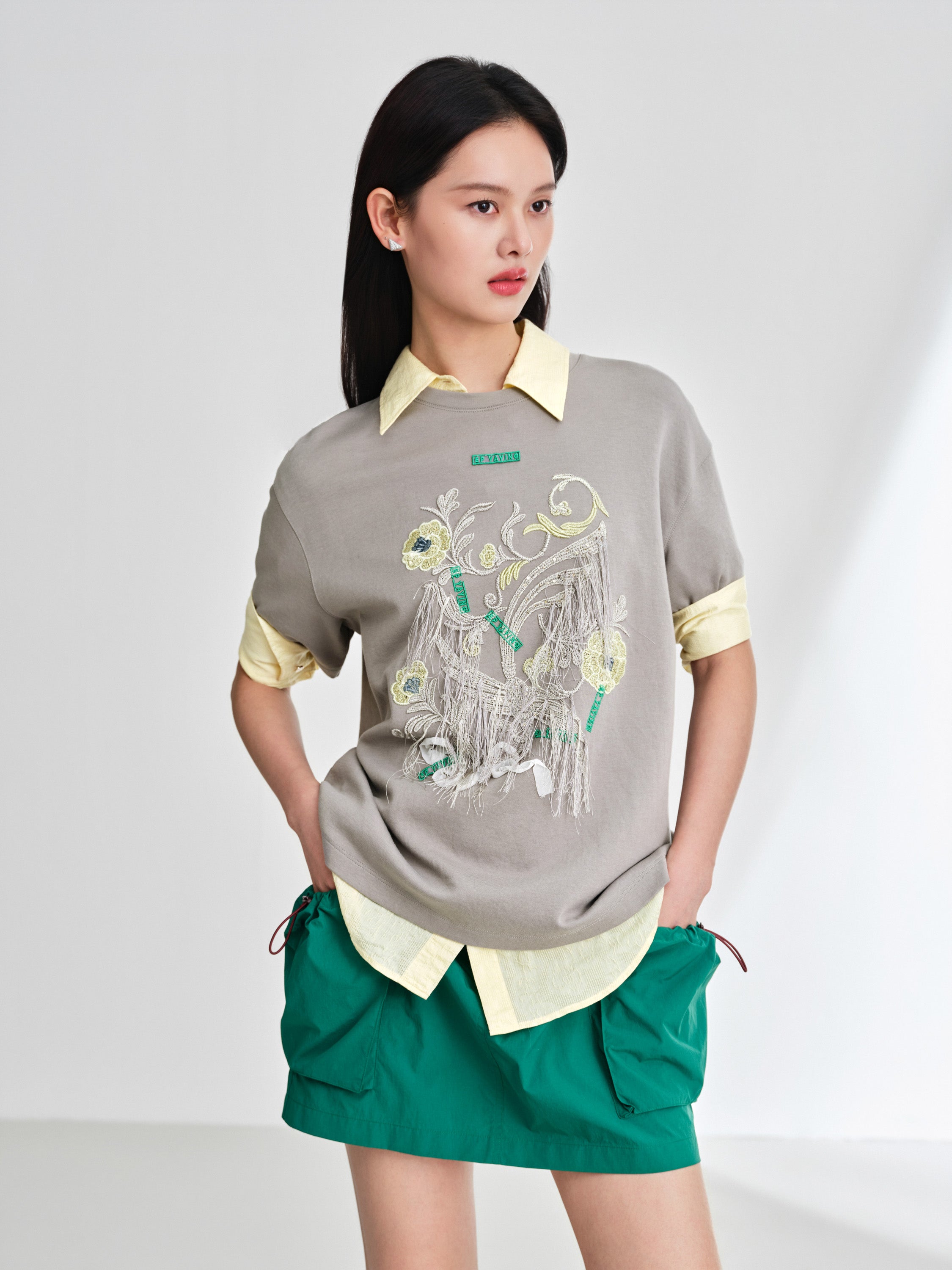 EP YAYING Stretch Comfortable Embroidered Short Sleeve Top
