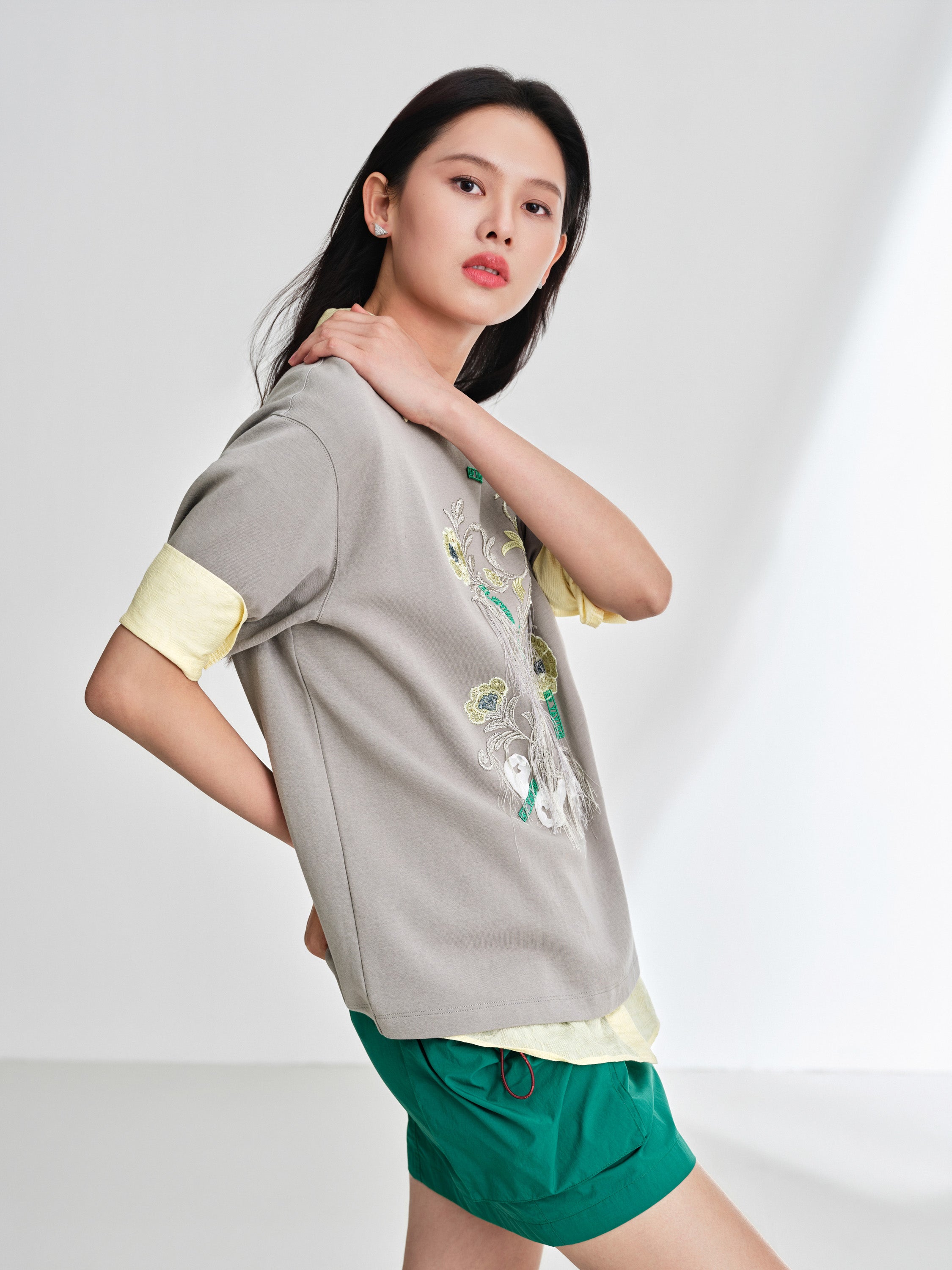 EP YAYING Stretch Comfortable Embroidered Short Sleeve Top