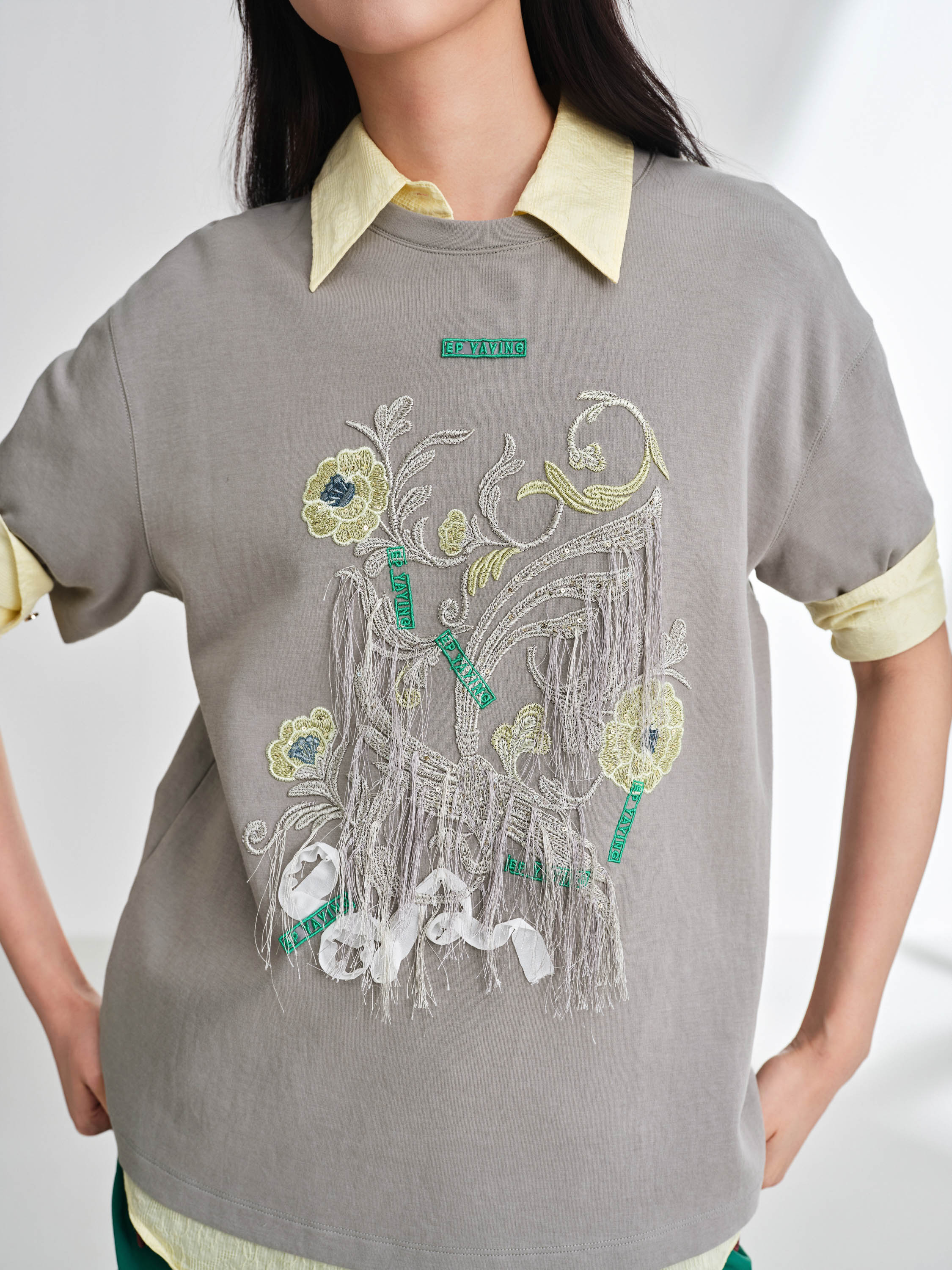 EP YAYING Stretch Comfortable Embroidered Short Sleeve Top