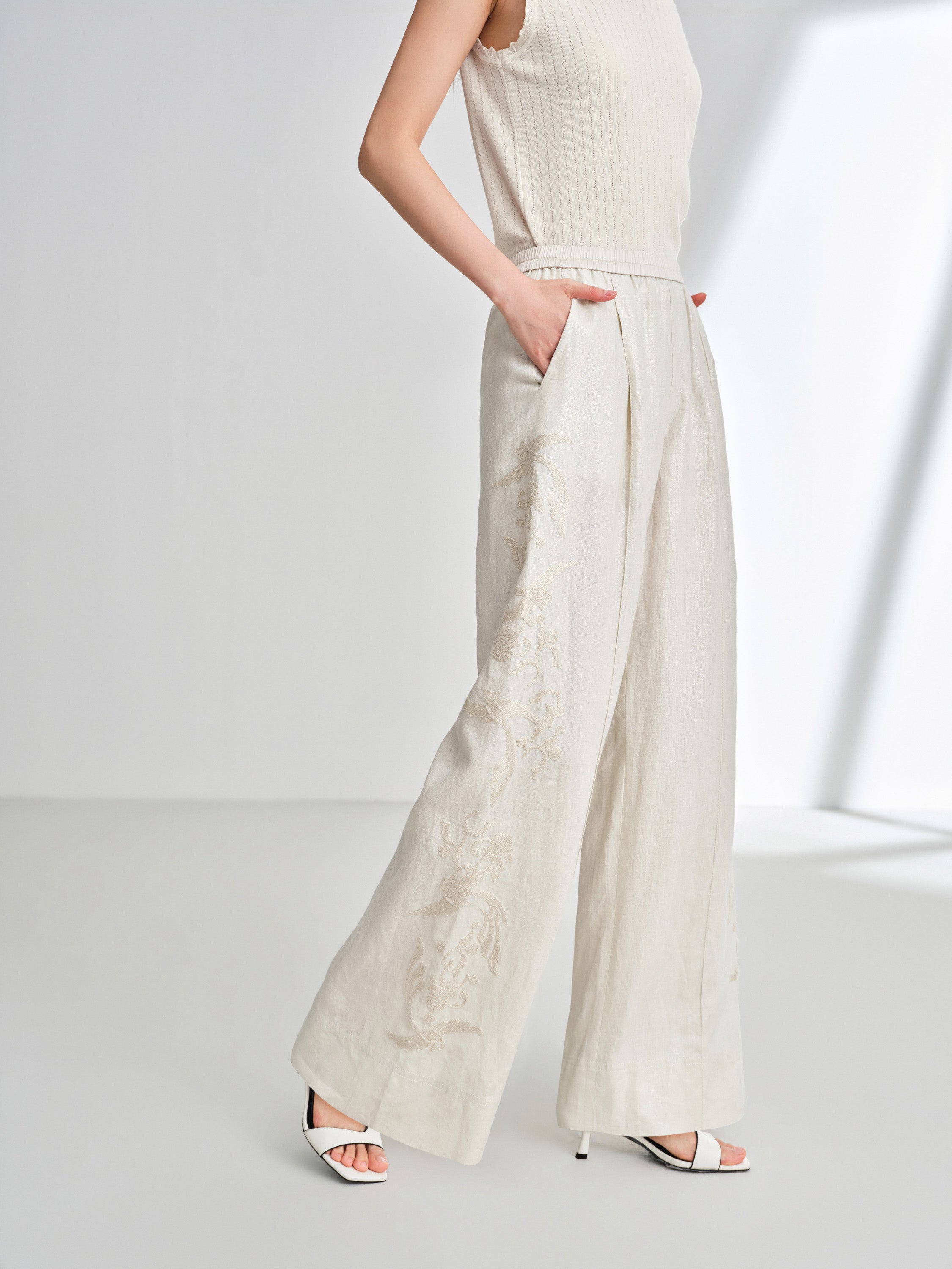 EP YAYING Imported Silver-Washed Linen High-Waist Relaxed Straight Pants