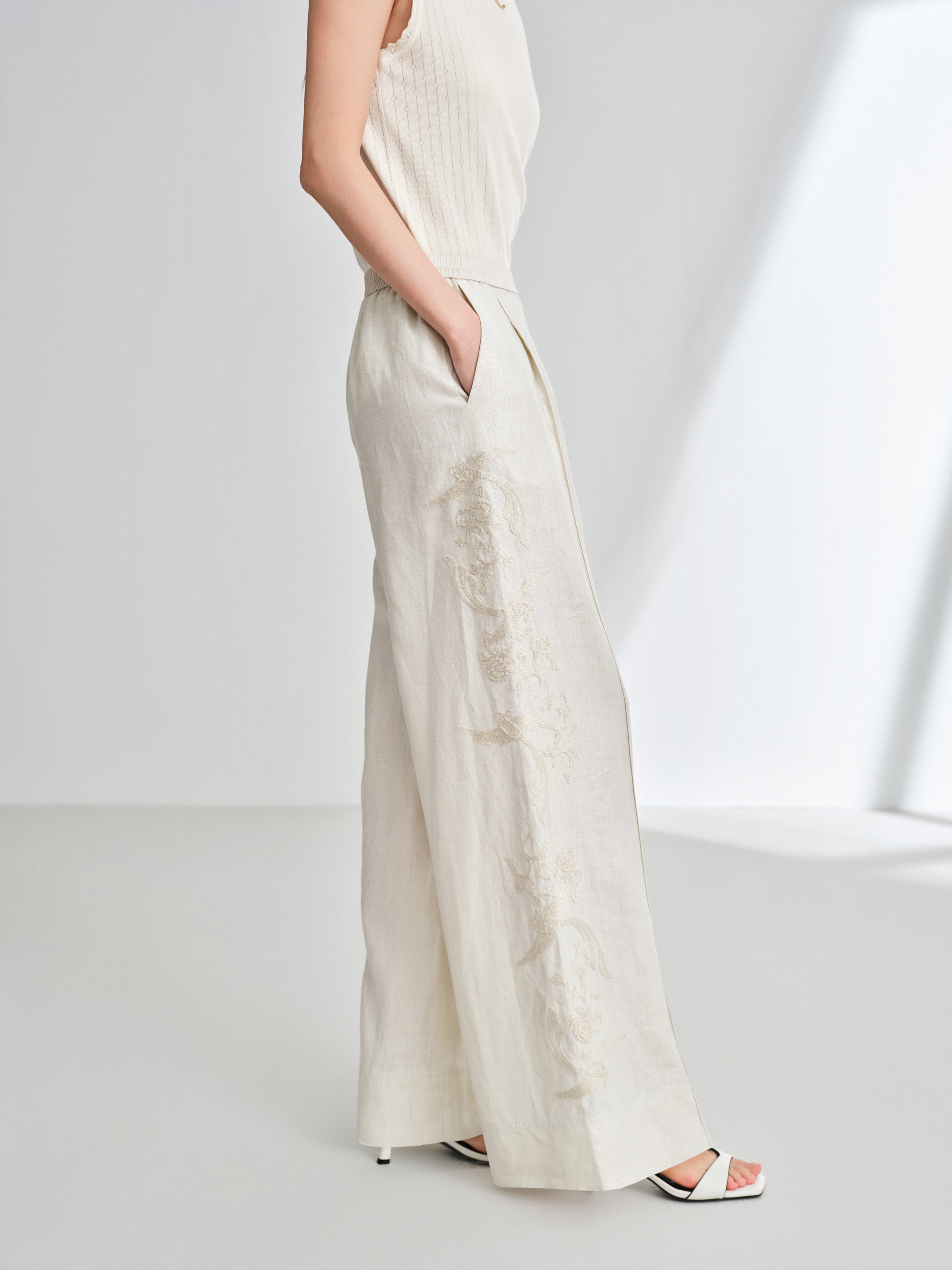 EP YAYING Imported Silver-Washed Linen High-Waist Relaxed Straight Pants