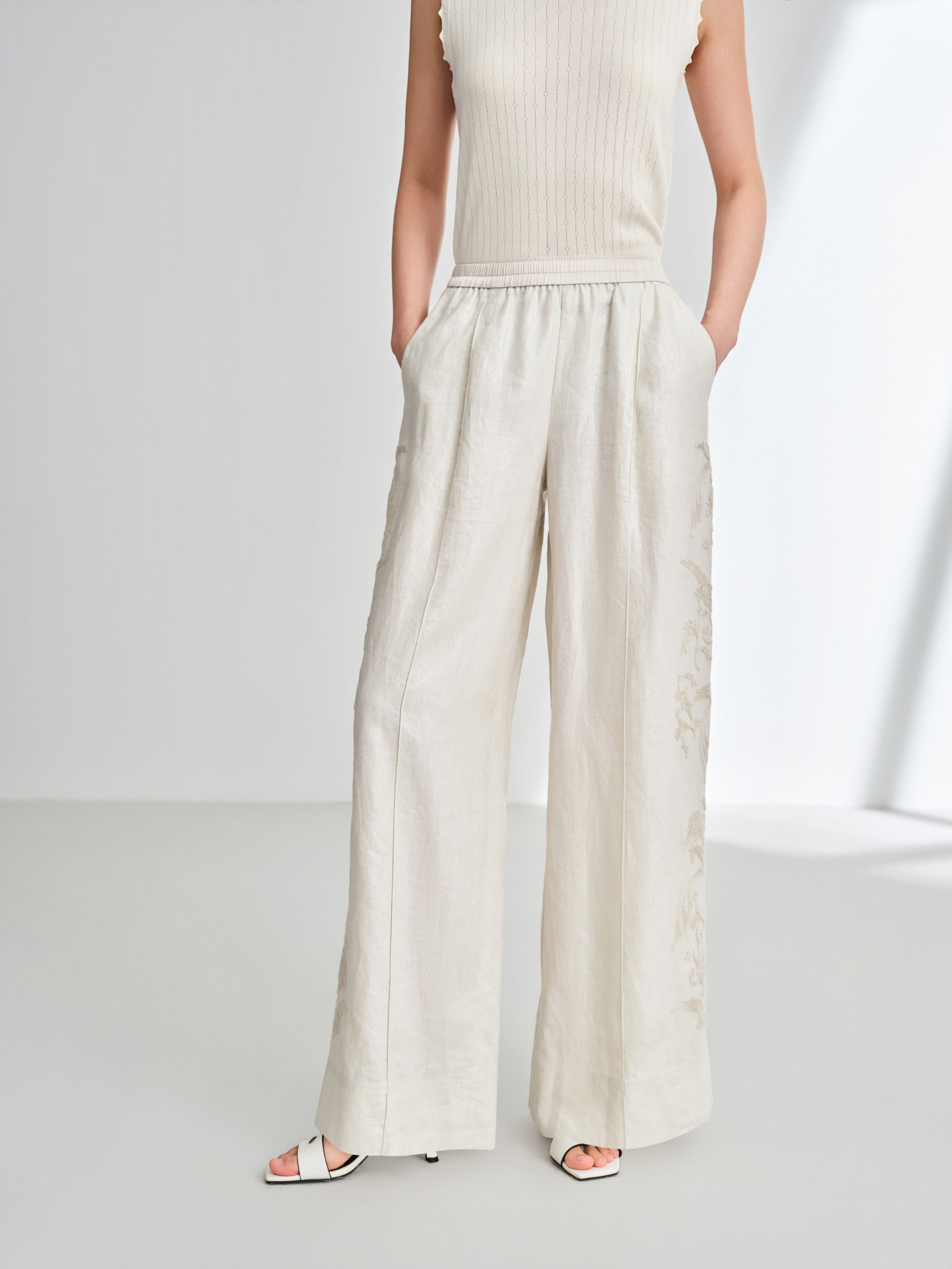 EP YAYING Imported Silver-Washed Linen High-Waist Relaxed Straight Pants