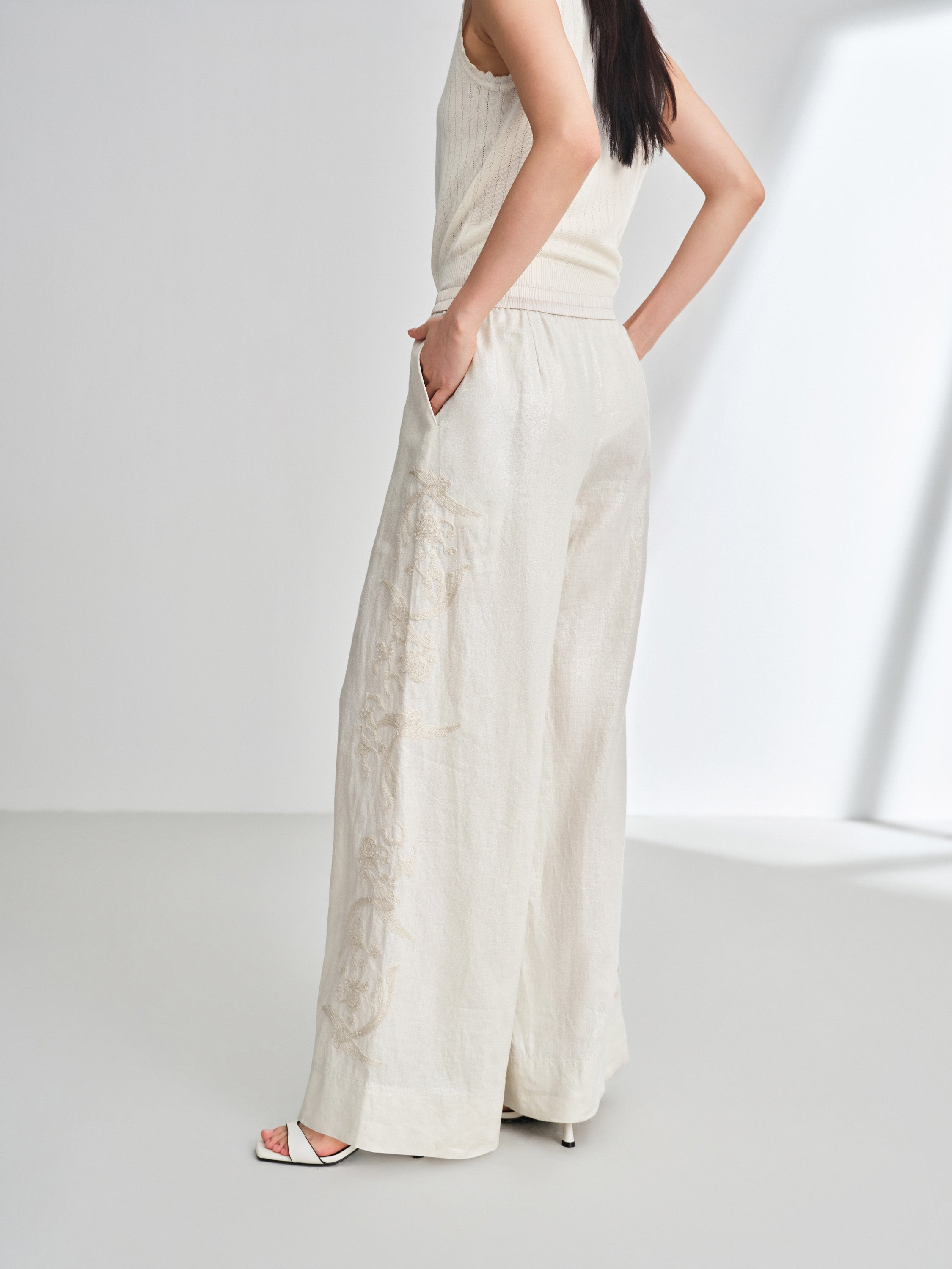 EP YAYING Imported Silver-Washed Linen High-Waist Relaxed Straight Pants