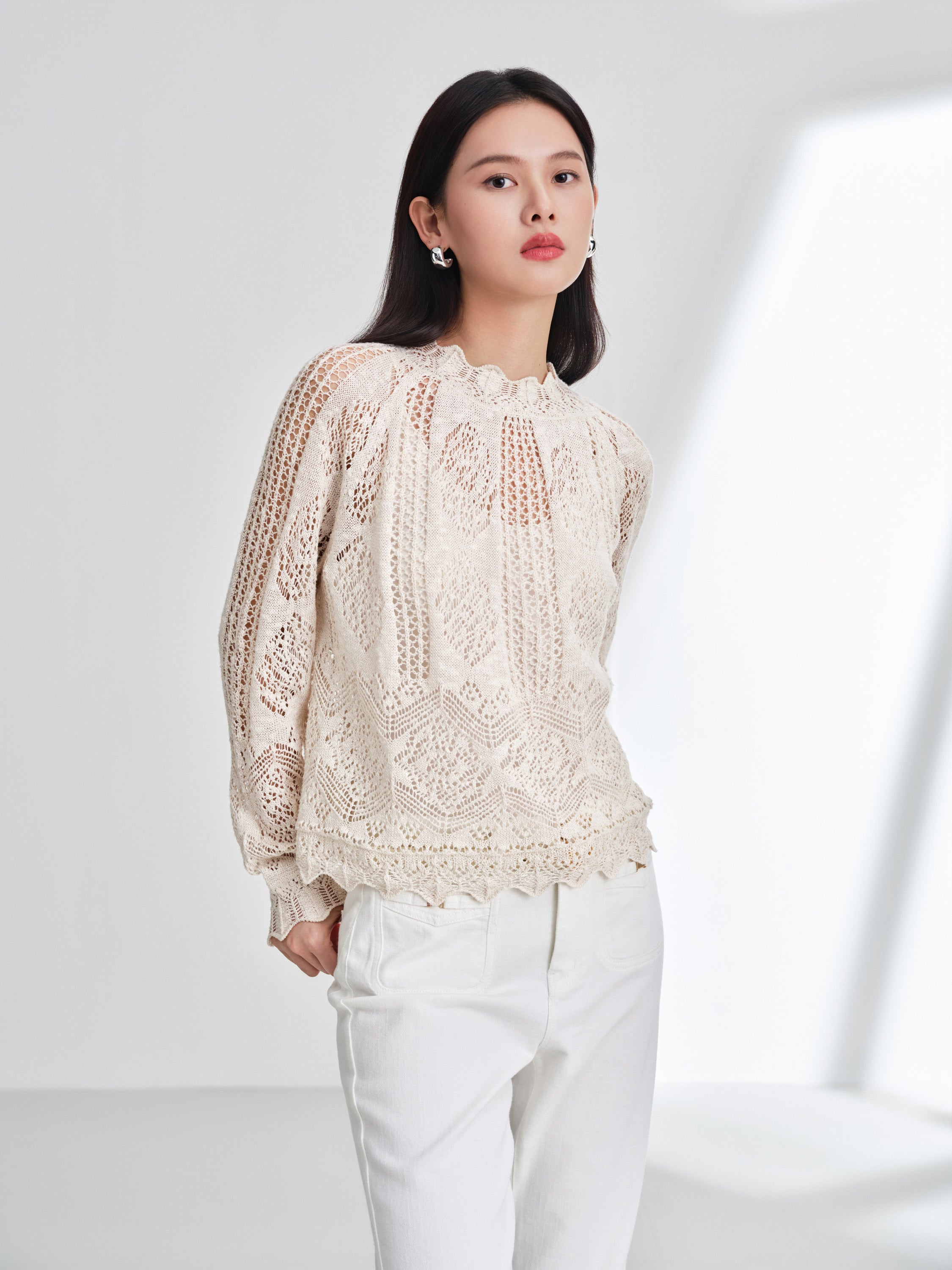 EP YAYING Cotton-Linen-Silk Blend Knit Pullover