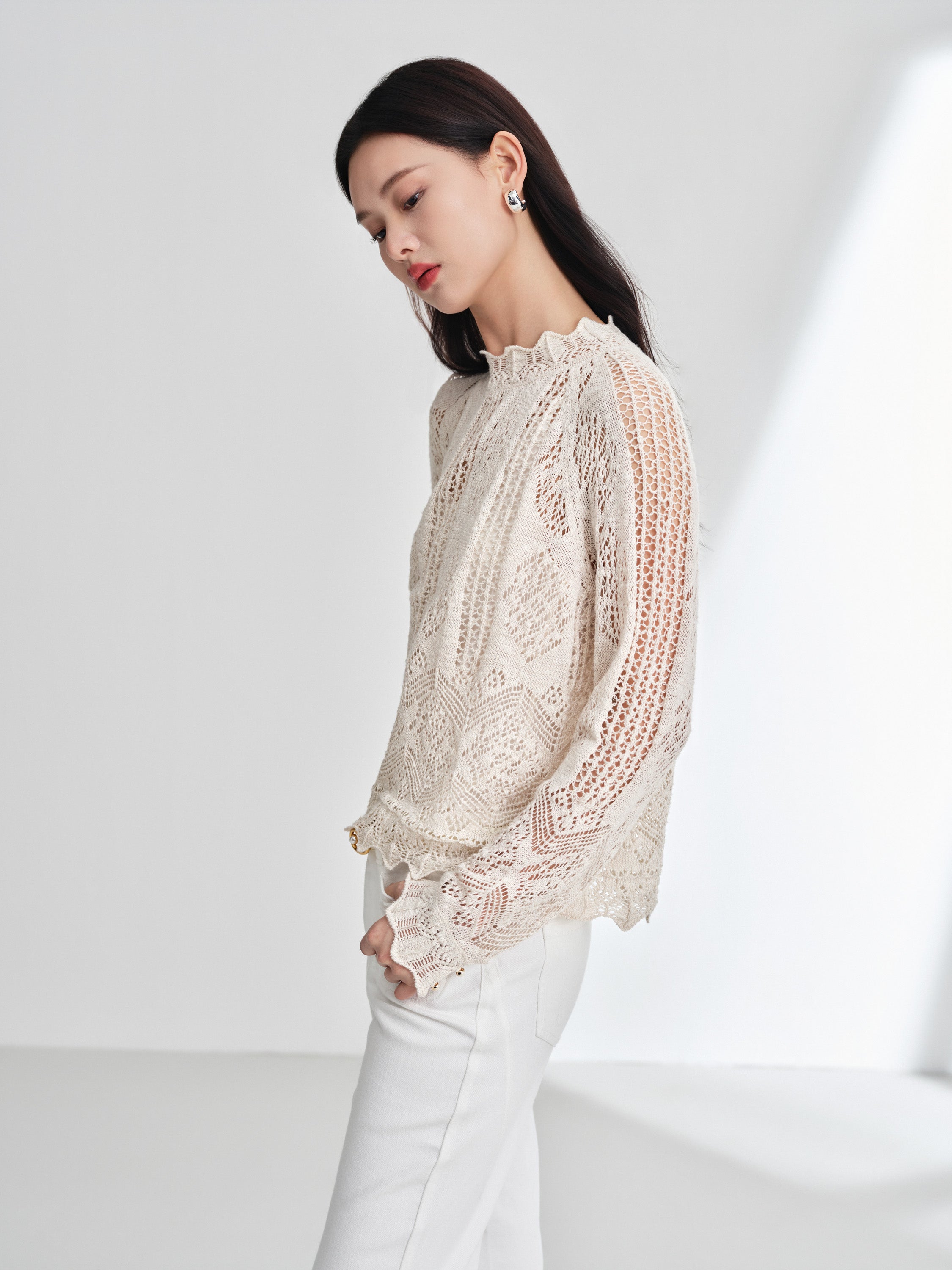 EP YAYING Cotton-Linen-Silk Blend Knit Pullover