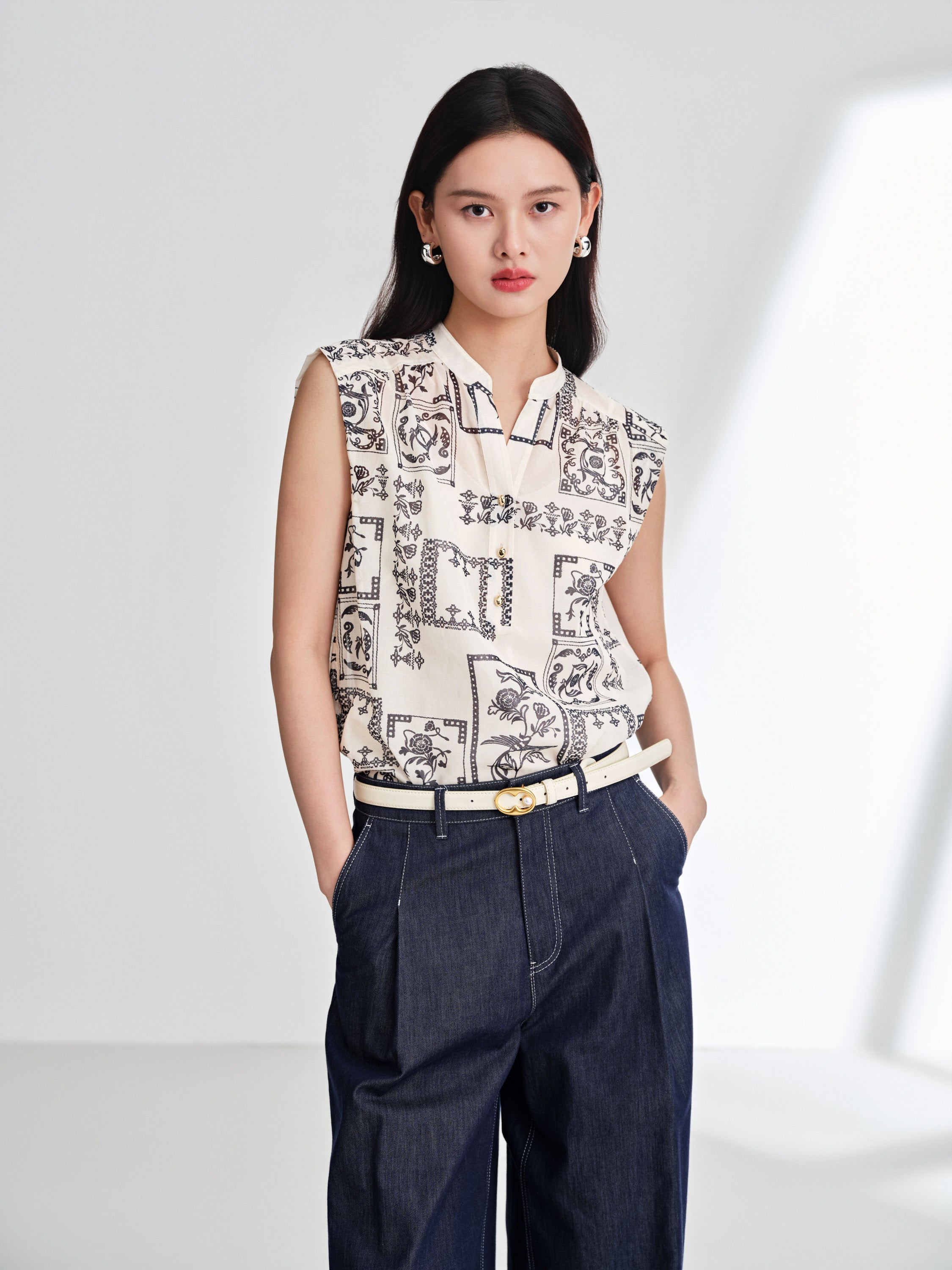 EP YAYING 100% Cotton V-Neck Floral Puff Sleeve Shirt