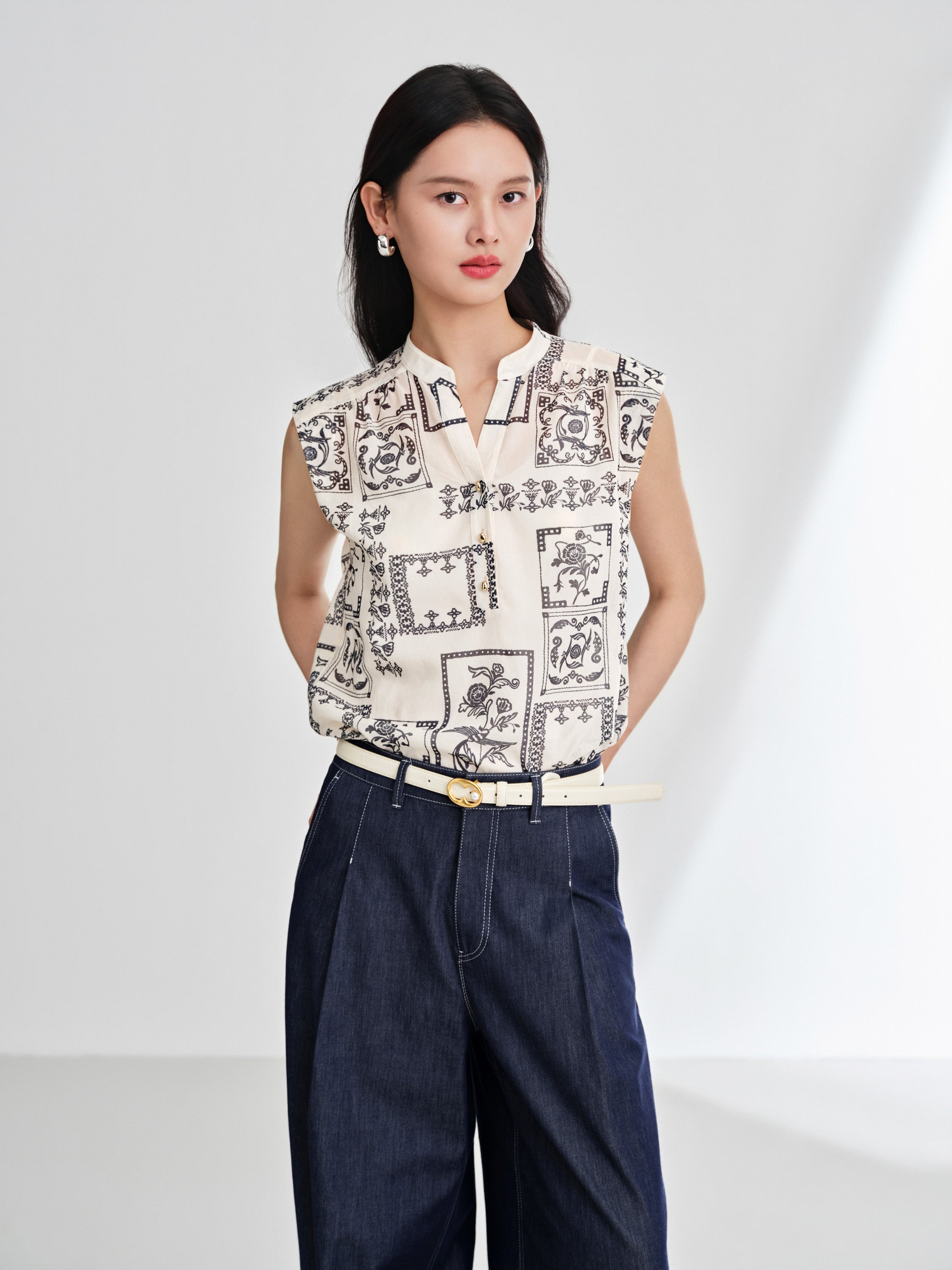 EP YAYING 100% Cotton V-Neck Floral Puff Sleeve Shirt