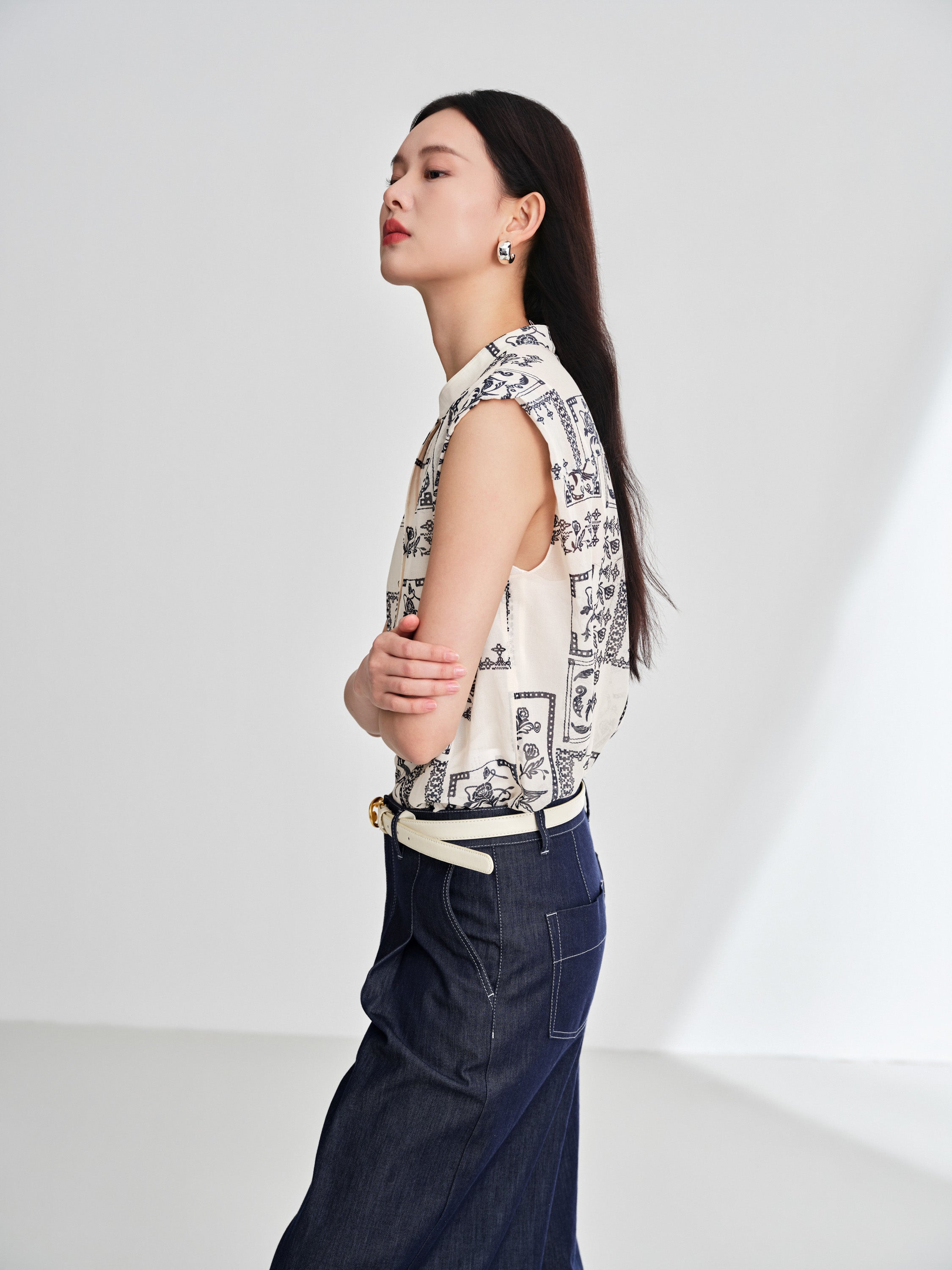 EP YAYING 100% Cotton V-Neck Floral Puff Sleeve Shirt