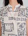EP YAYING 100% Cotton V-Neck Floral Puff Sleeve Shirt