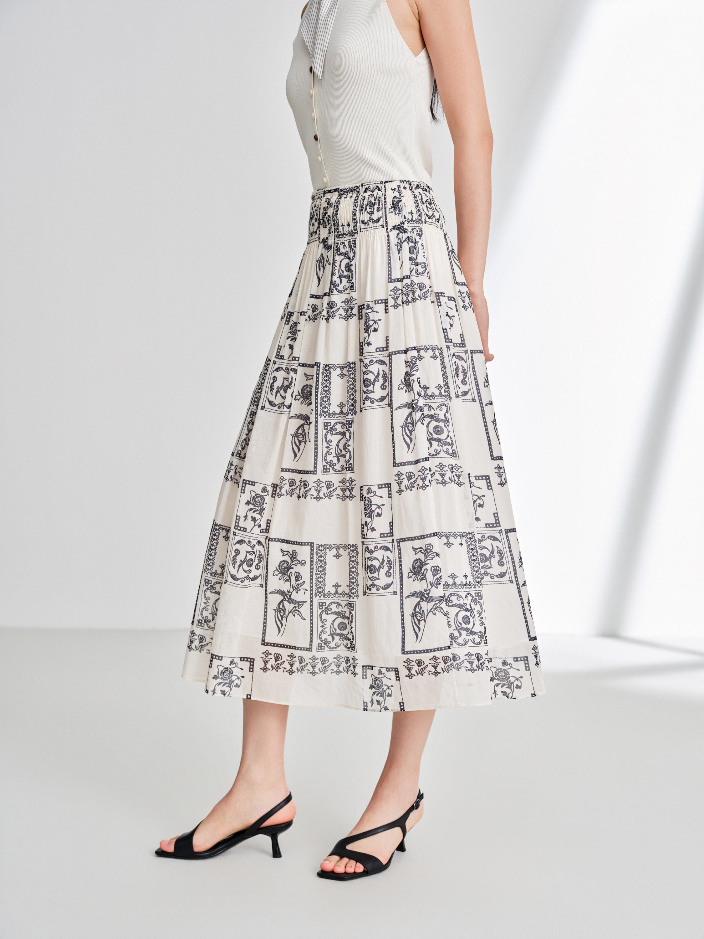 EP YAYING 100% Cotton Floral Print Midi A-Line Skirt