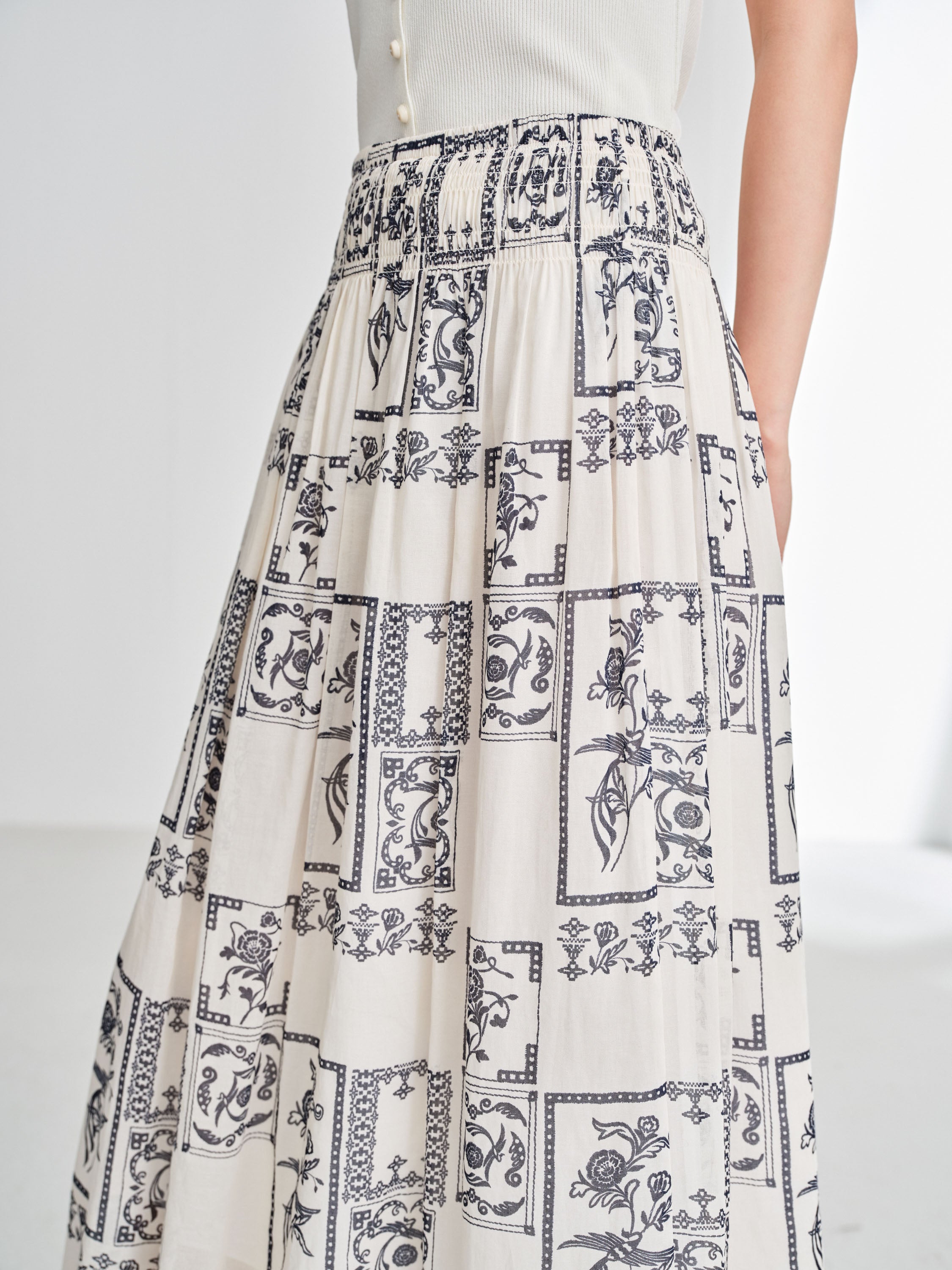 EP YAYING 100% Cotton Floral Print Midi A-Line Skirt