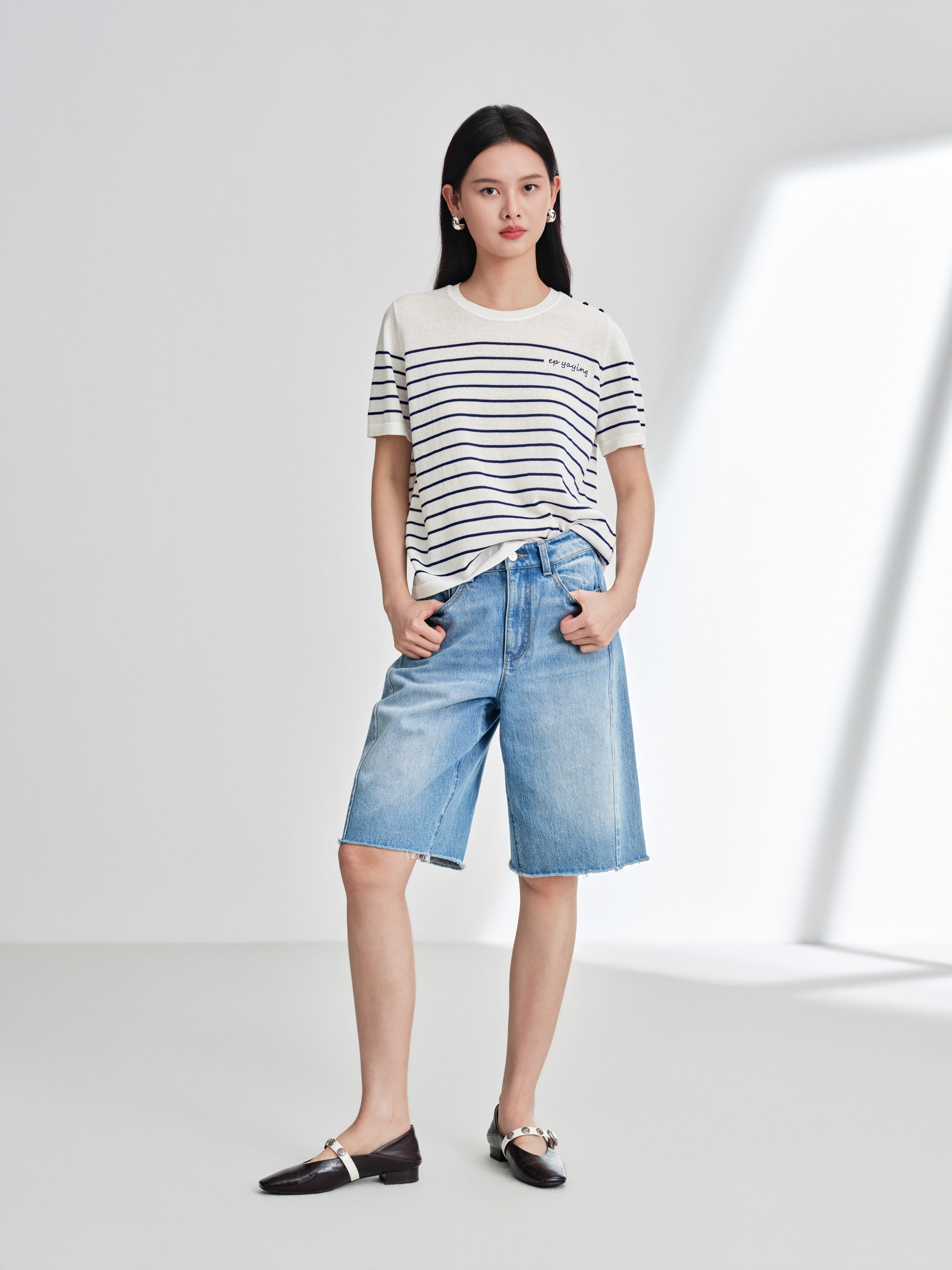 EP YAYING Relaxed Round Neck Embossed Linen Stripe Knit T-Shirt