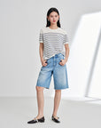 EP YAYING Relaxed Round Neck Embossed Linen Stripe Knit T-Shirt