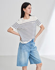 EP YAYING Relaxed Round Neck Embossed Linen Stripe Knit T-Shirt