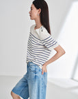 EP YAYING Relaxed Round Neck Embossed Linen Stripe Knit T-Shirt