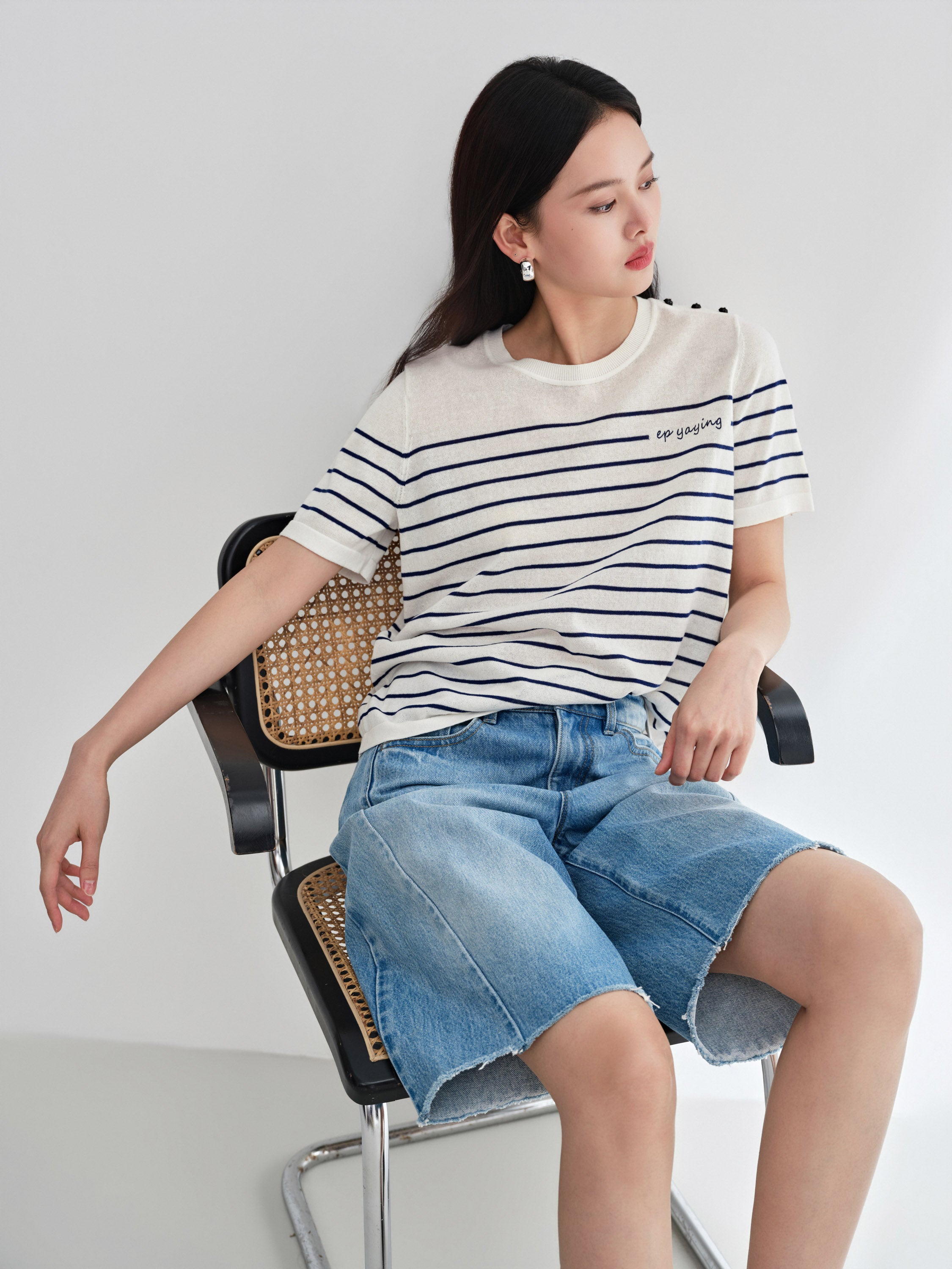 EP YAYING Relaxed Round Neck Embossed Linen Stripe Knit T-Shirt