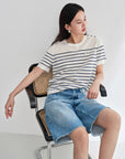 EP YAYING Relaxed Round Neck Embossed Linen Stripe Knit T-Shirt