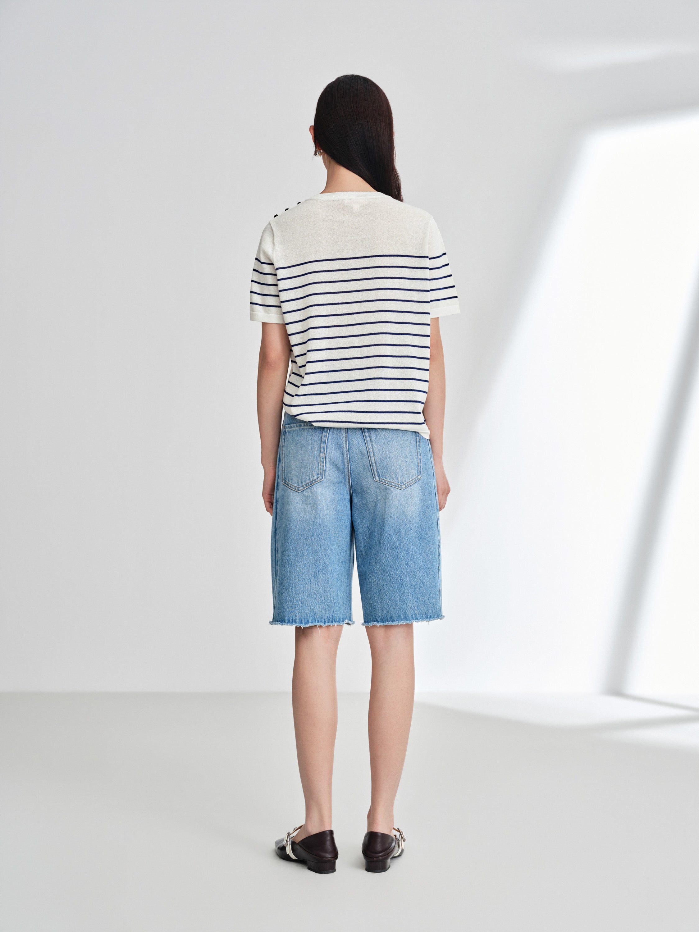 EP YAYING Relaxed Round Neck Embossed Linen Stripe Knit T-Shirt