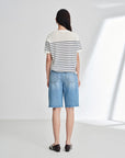 EP YAYING Relaxed Round Neck Embossed Linen Stripe Knit T-Shirt