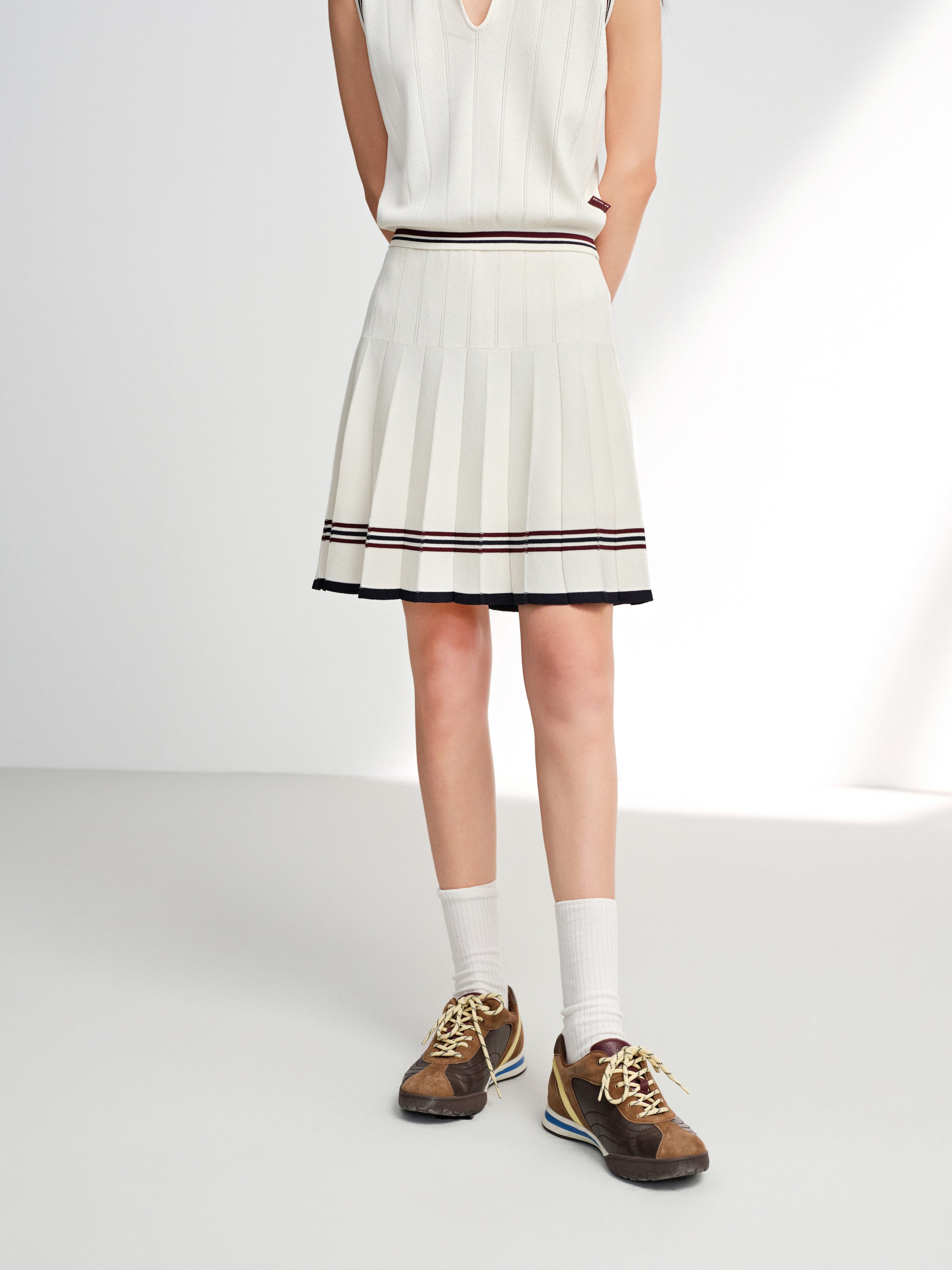 EP YAYING Sporty Contrast Stripe Pleated Mini Skirt