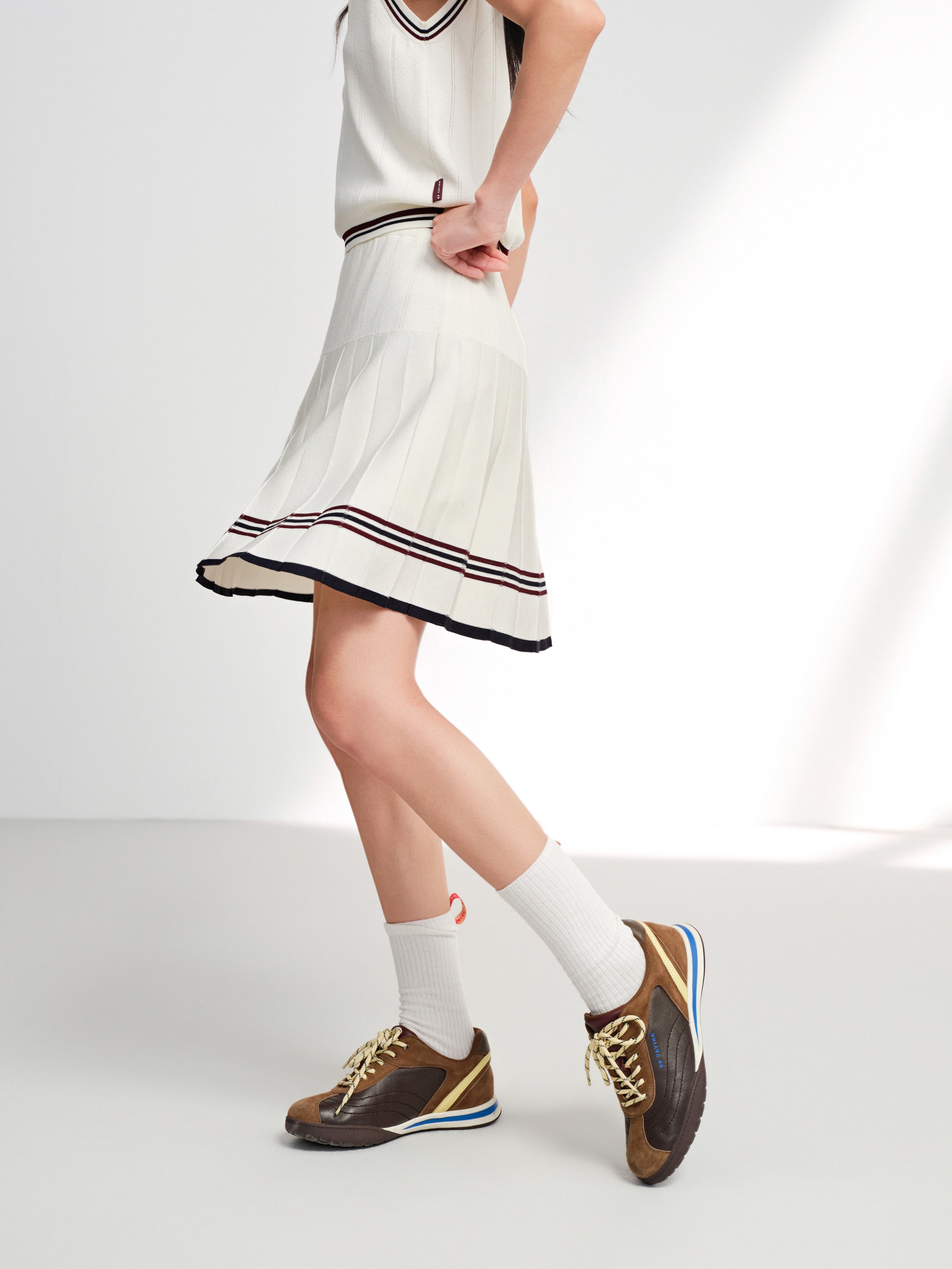 EP YAYING Sporty Contrast Stripe Pleated Mini Skirt