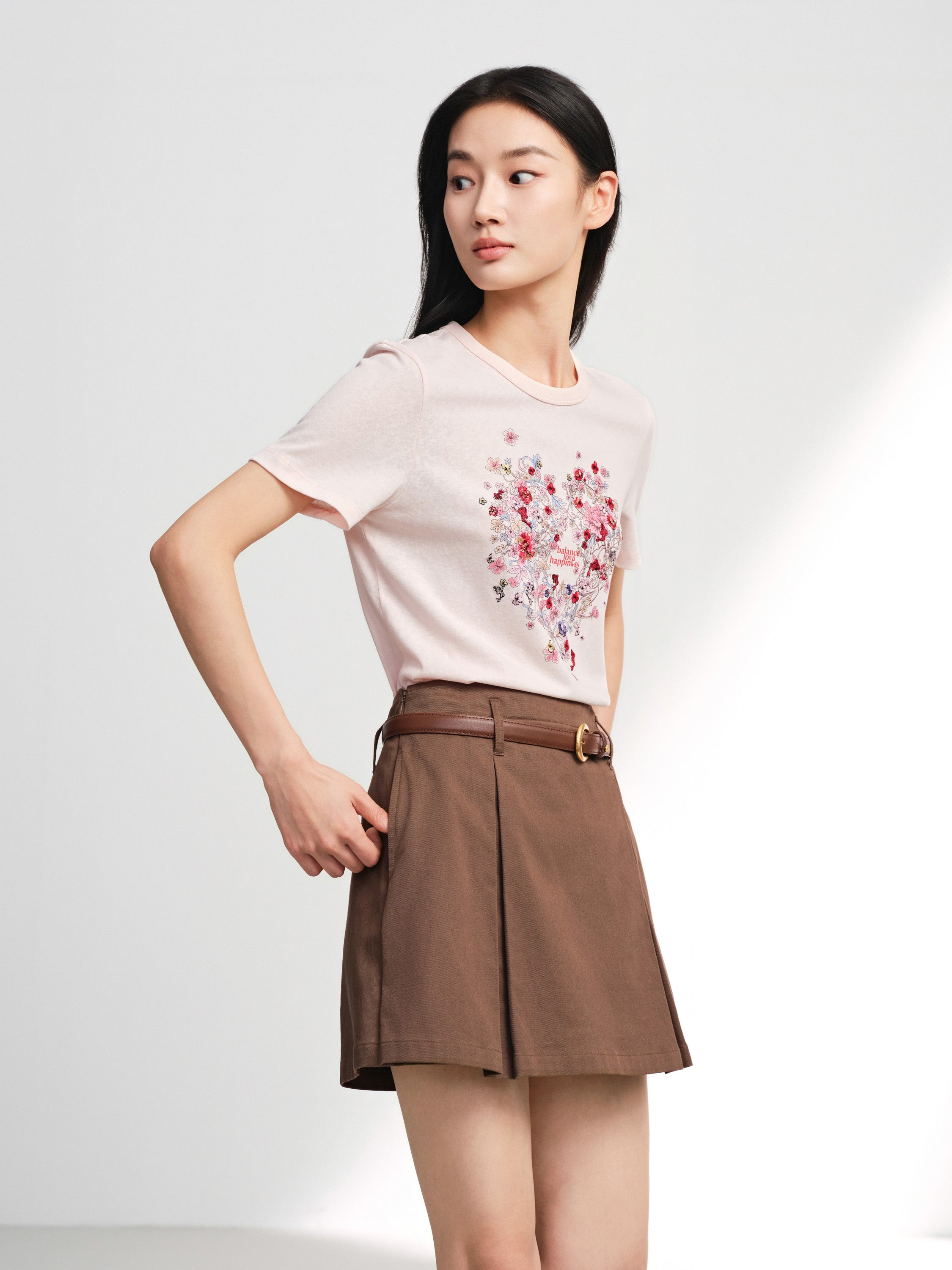 EP YAYING Bamboo Cotton Round Neck Embroidered Floral Short Sleeve Top