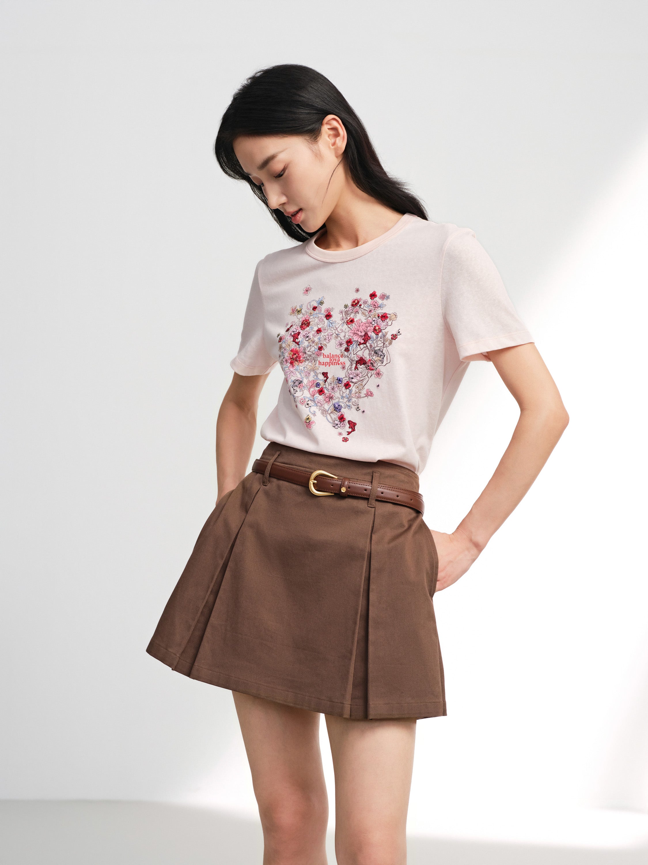 EP YAYING Bamboo Cotton Round Neck Embroidered Floral Short Sleeve Top