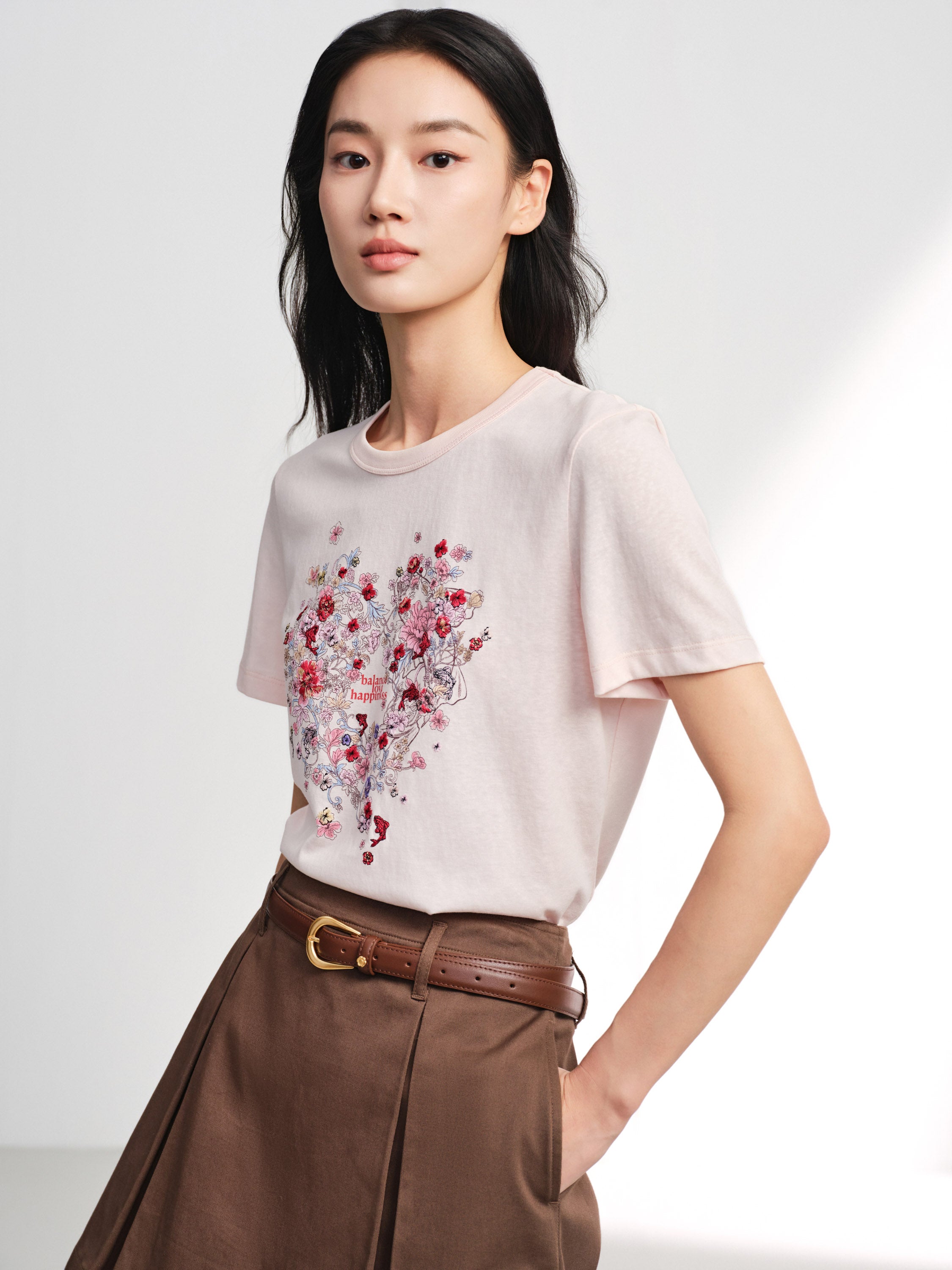 EP YAYING Bamboo Cotton Round Neck Embroidered Floral Short Sleeve Top