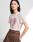 EP YAYING Bamboo Cotton Round Neck Embroidered Floral Short Sleeve Top