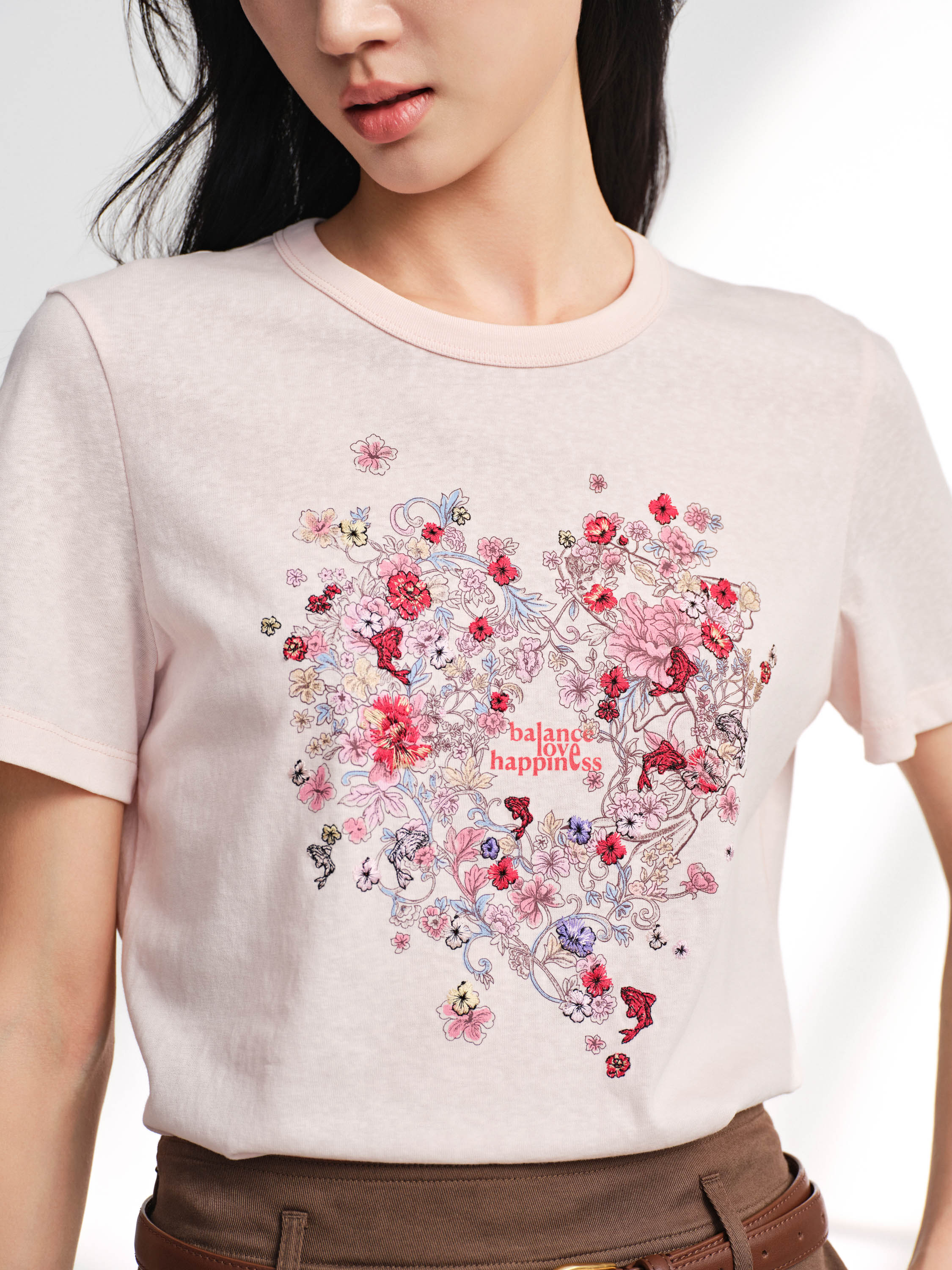 EP YAYING Bamboo Cotton Round Neck Embroidered Floral Short Sleeve Top