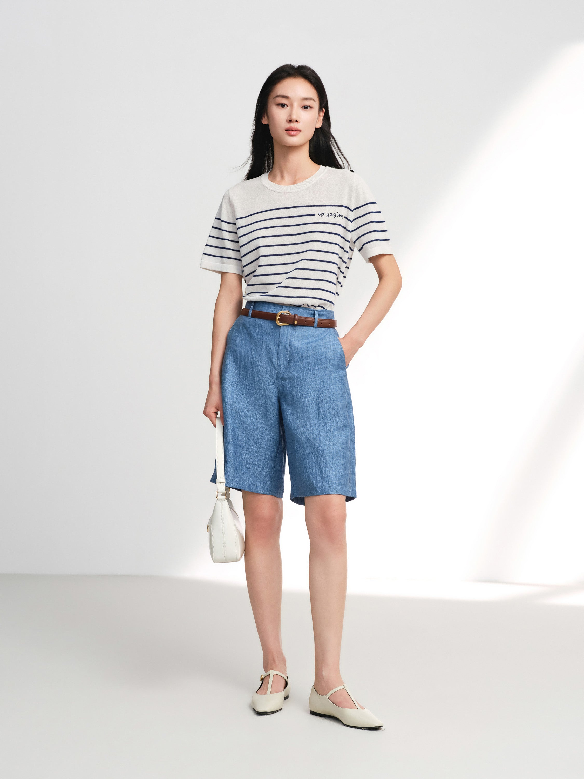 EP YAYING Linen Pleated Wide-Leg Shorts