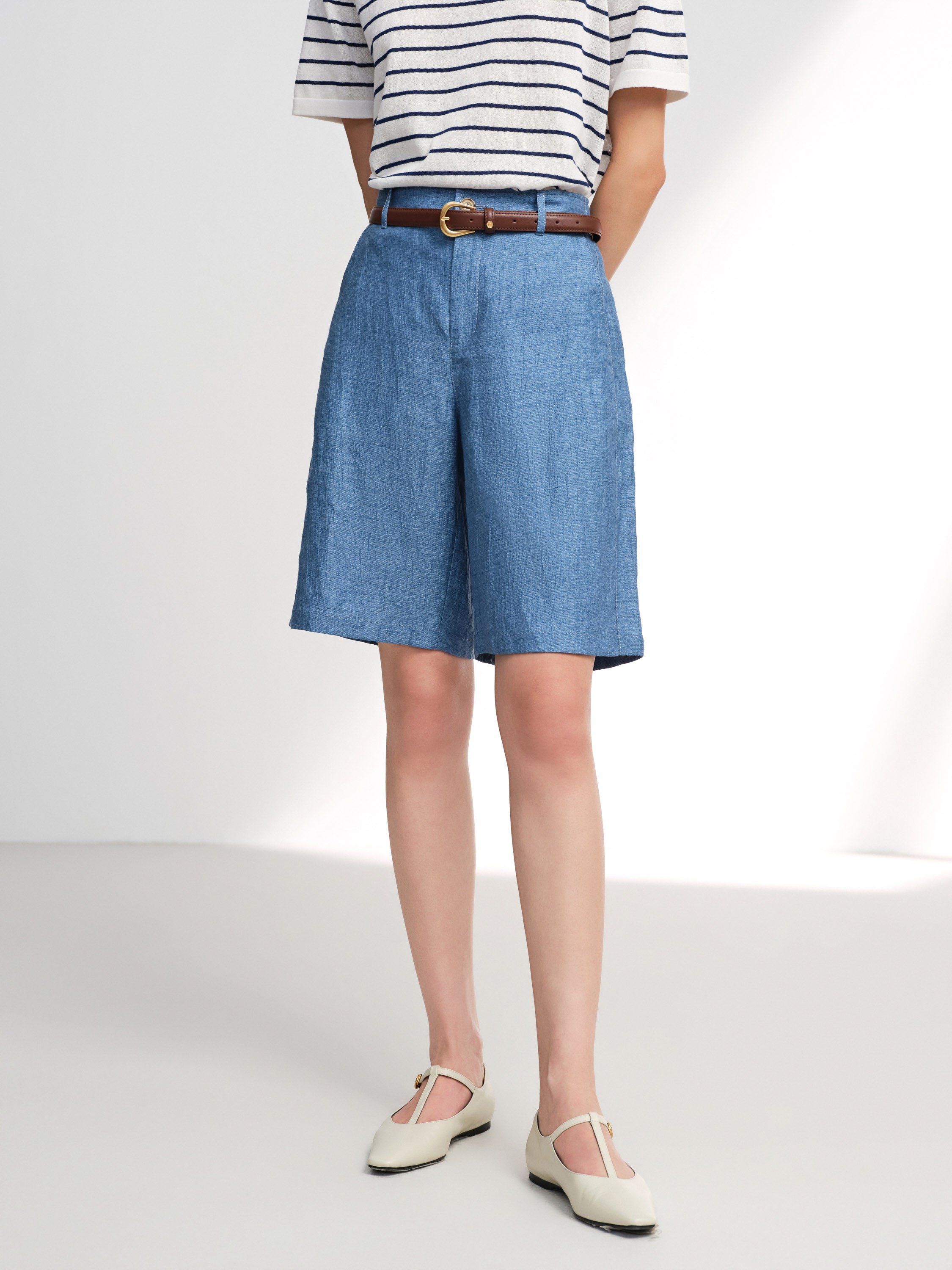 EP YAYING Linen Pleated Wide-Leg Shorts