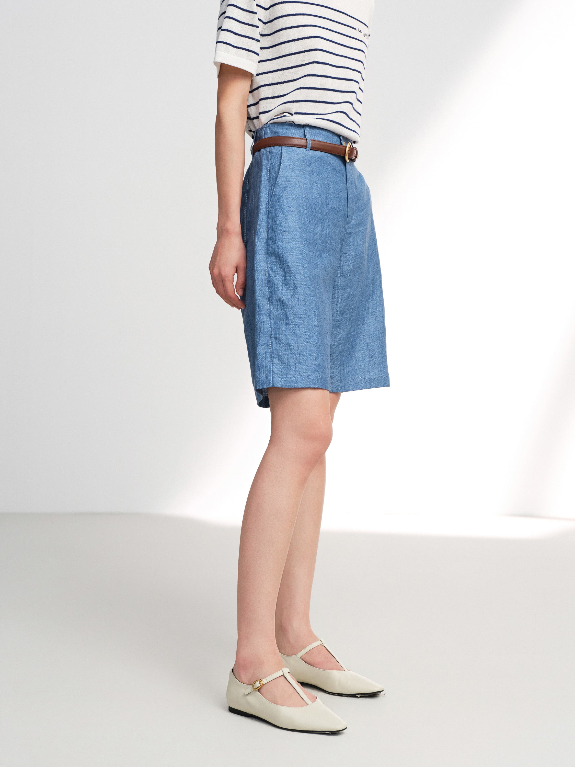 EP YAYING Linen Pleated Wide-Leg Shorts