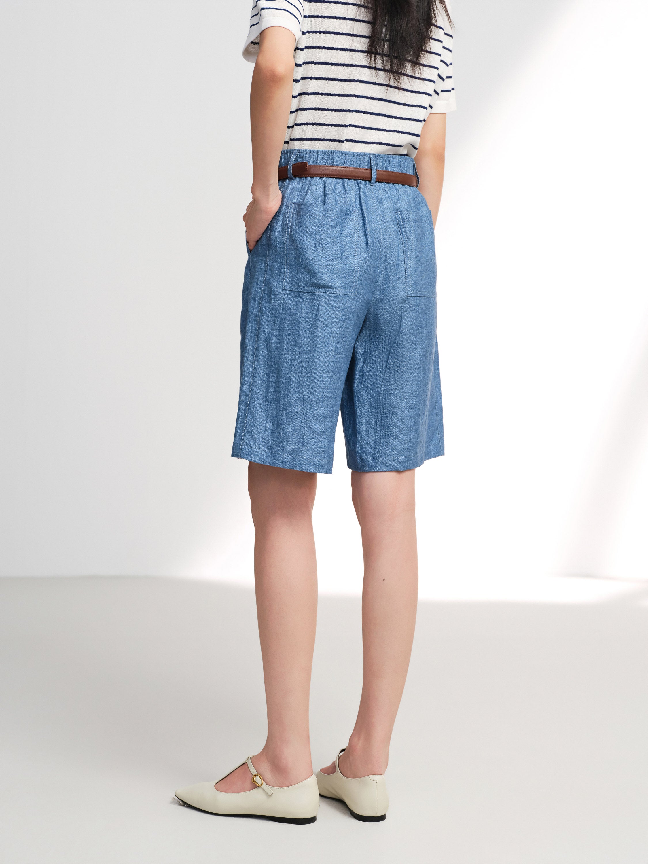 EP YAYING Linen Pleated Wide-Leg Shorts