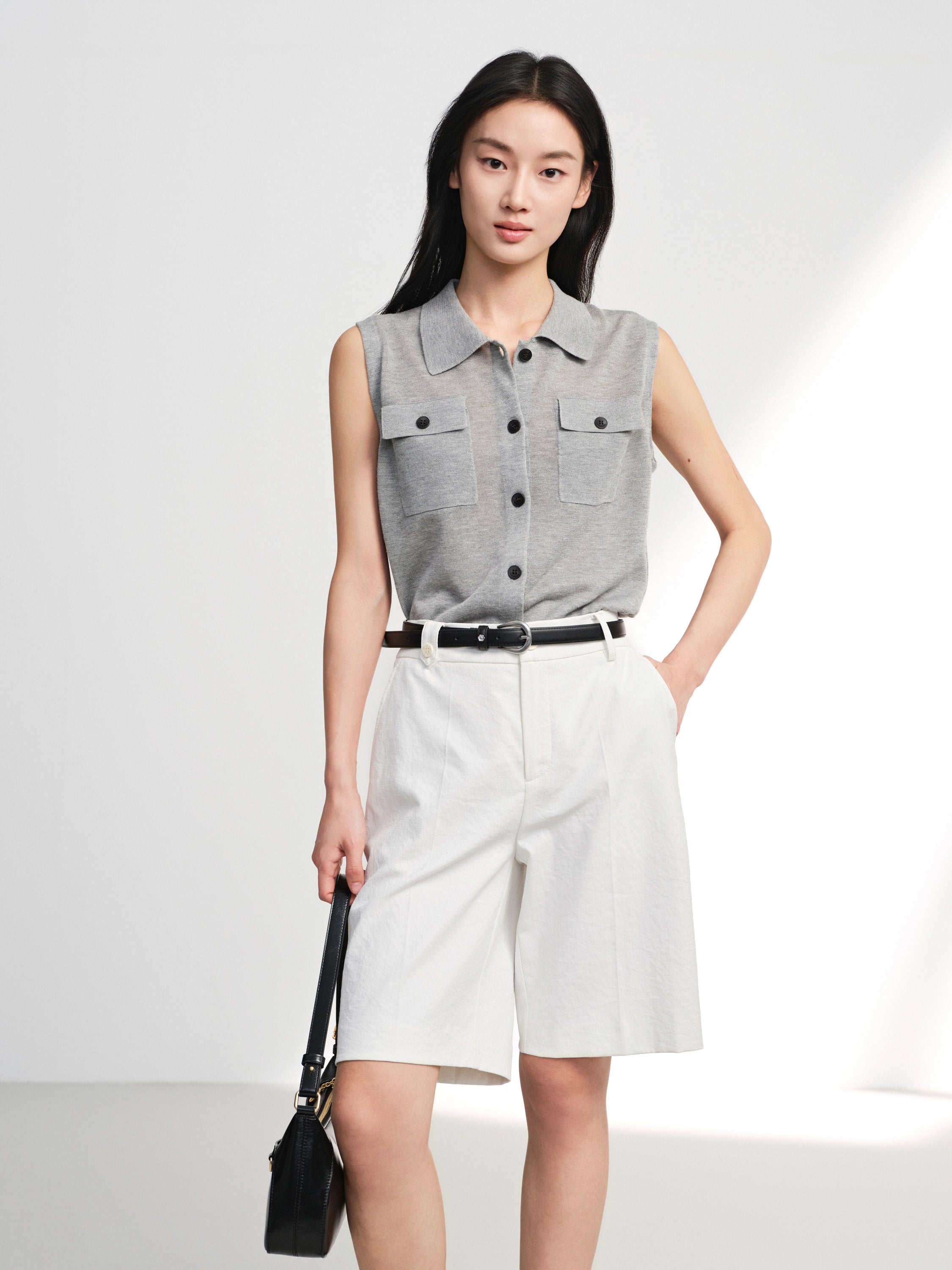 EP YAYING Commuter Polo Collar Tailored Knit Cardigan Vest