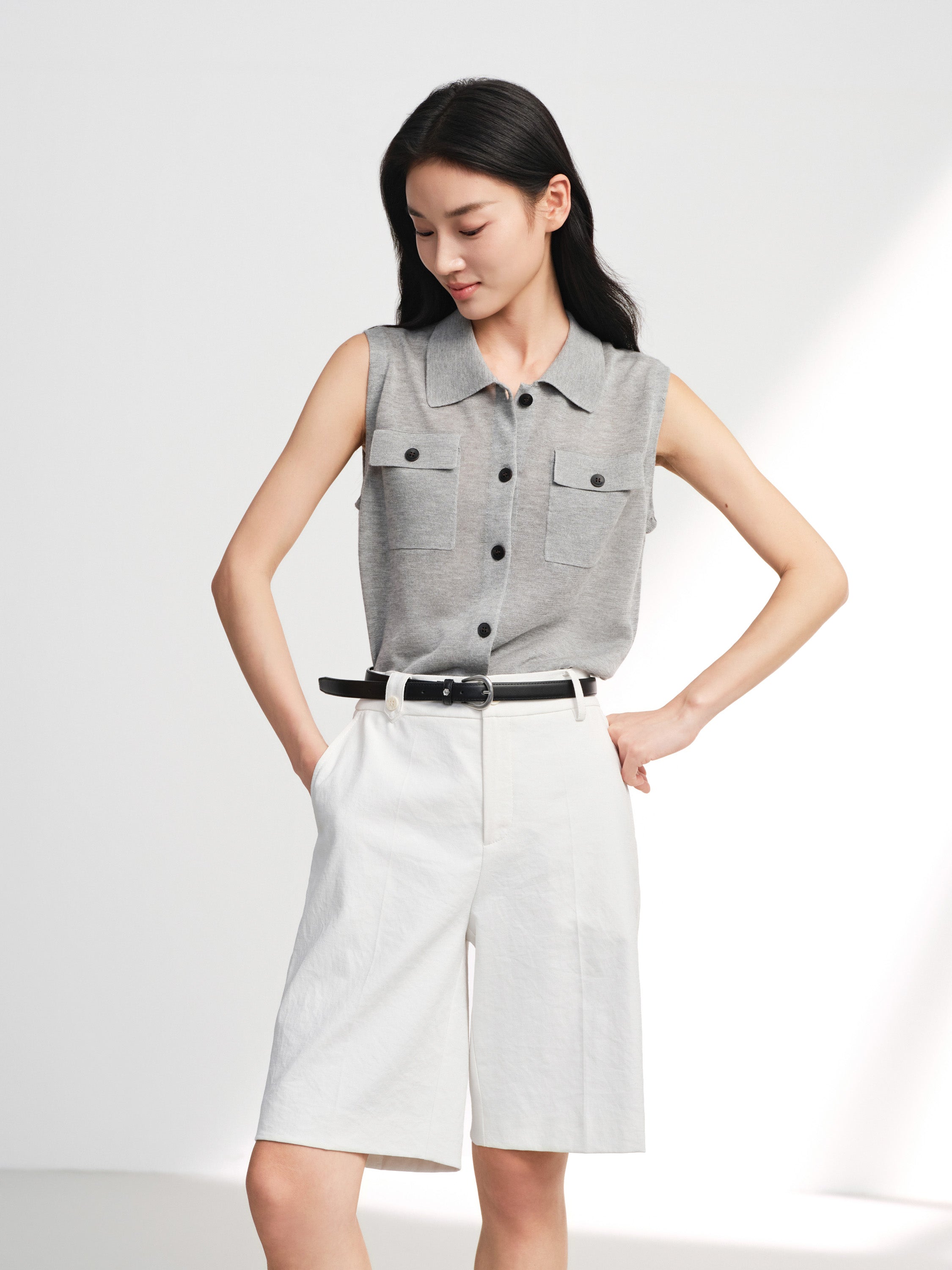 EP YAYING Commuter Polo Collar Knitted Button-Up Vest